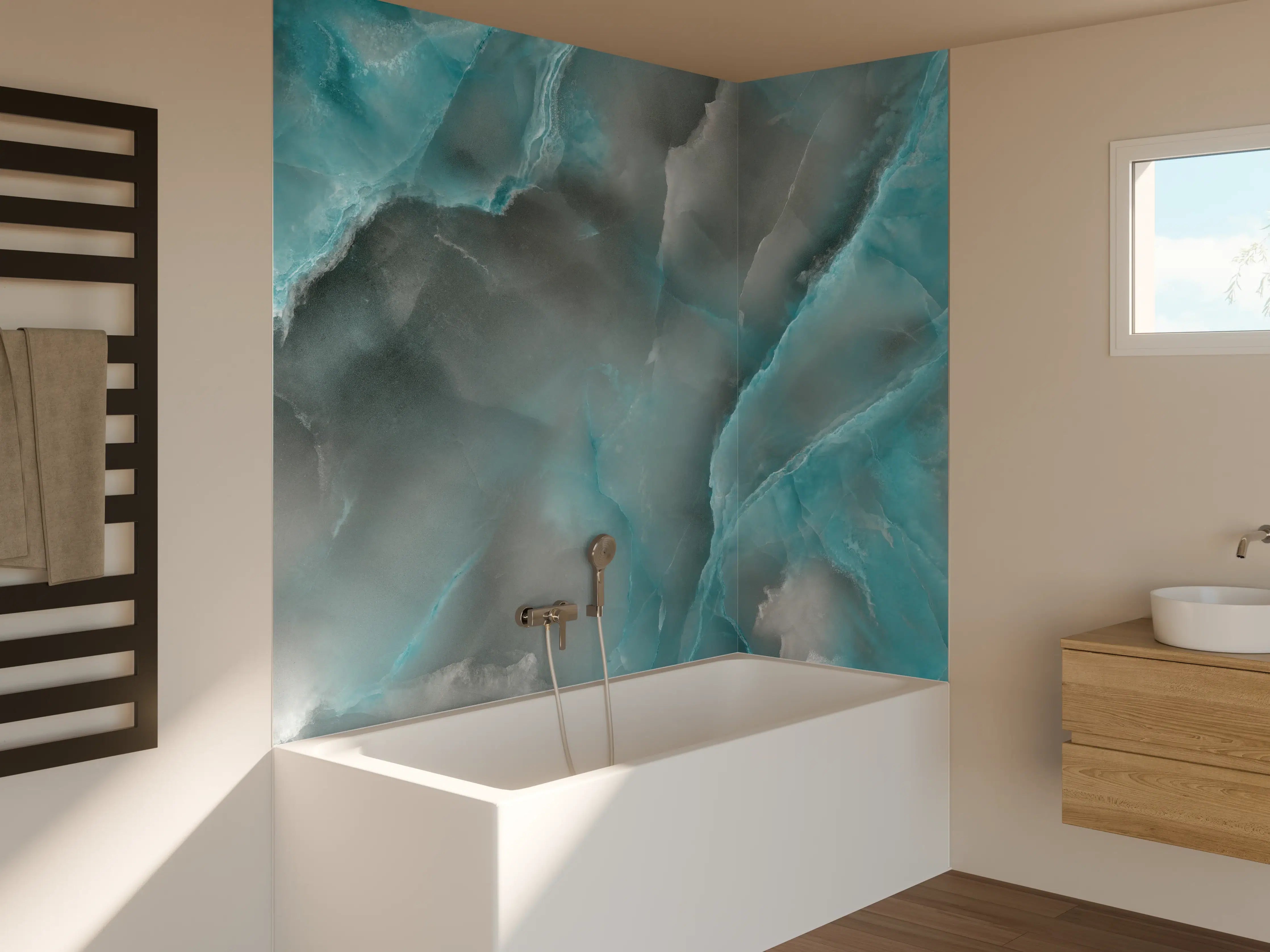Badewannen-Rückwand - Türkis-Grau-Steinmuster