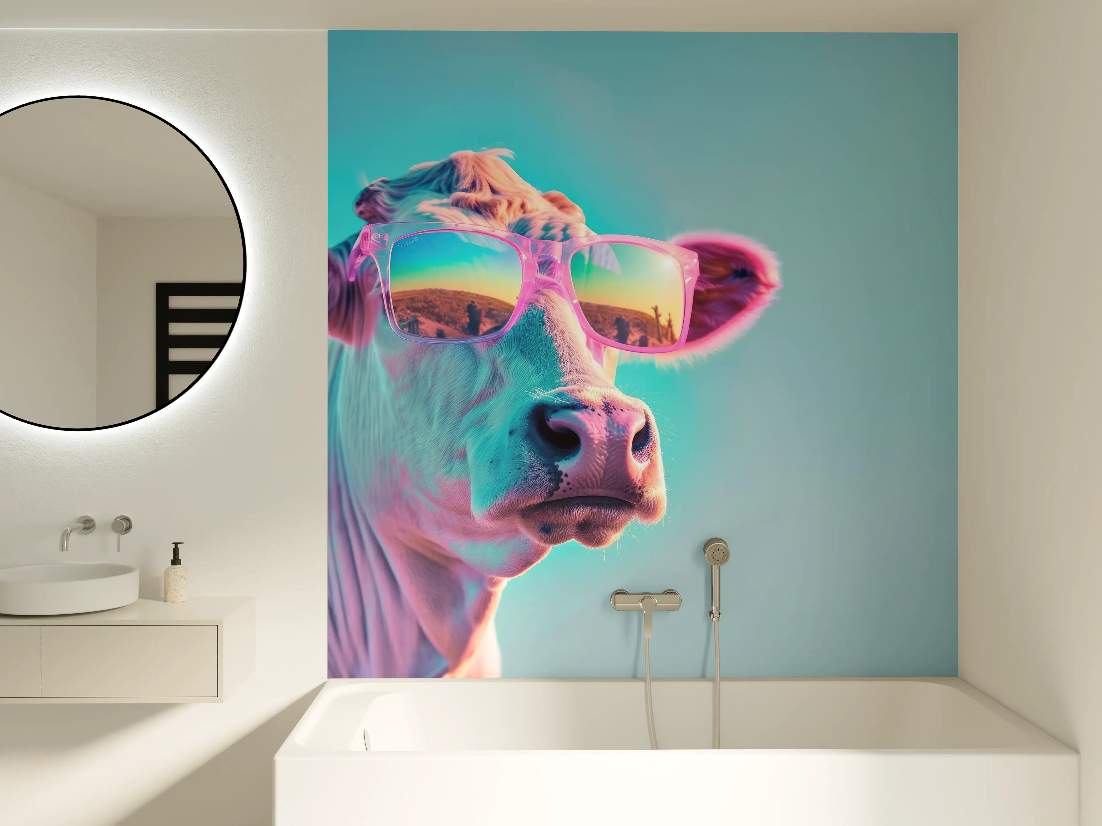 Badewannen-Rückwand - Türkis-Pastell-Kuh mit Sonnenbrille