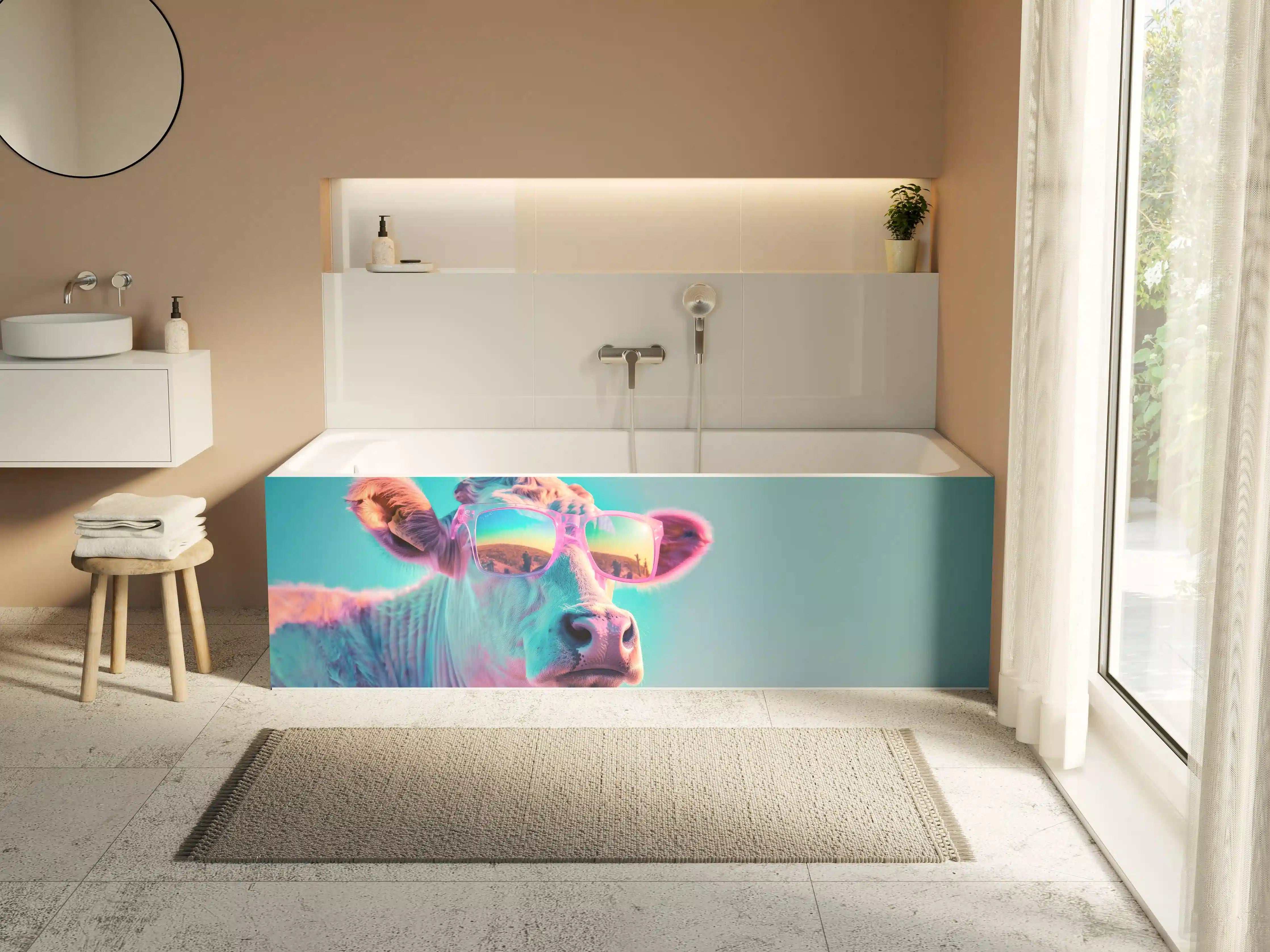 Badewannen-Rückwand - Türkis-Pastell-Kuh mit Sonnenbrille