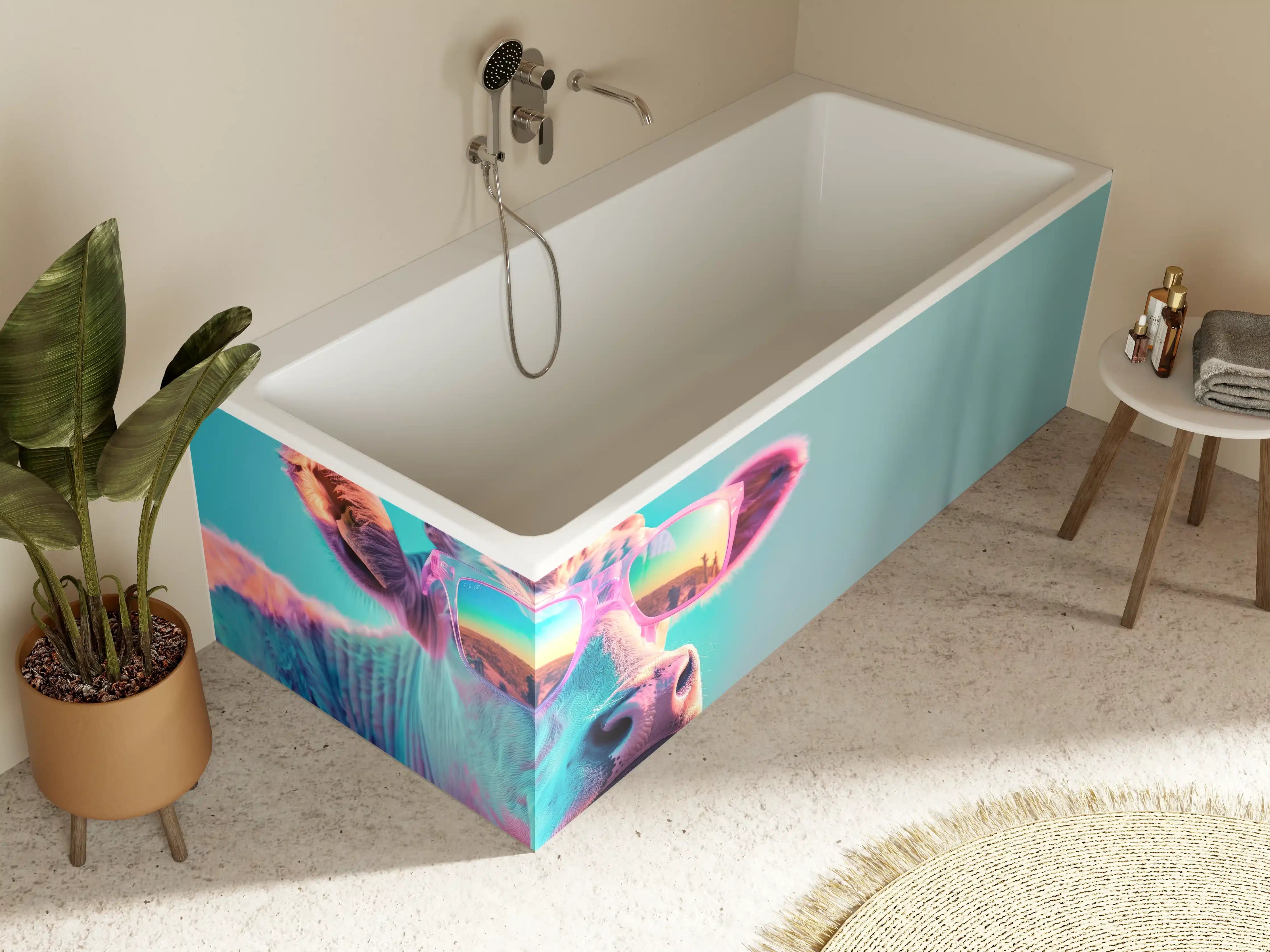 Badewannen-Rückwand - Türkis-Pastell-Kuh mit Sonnenbrille