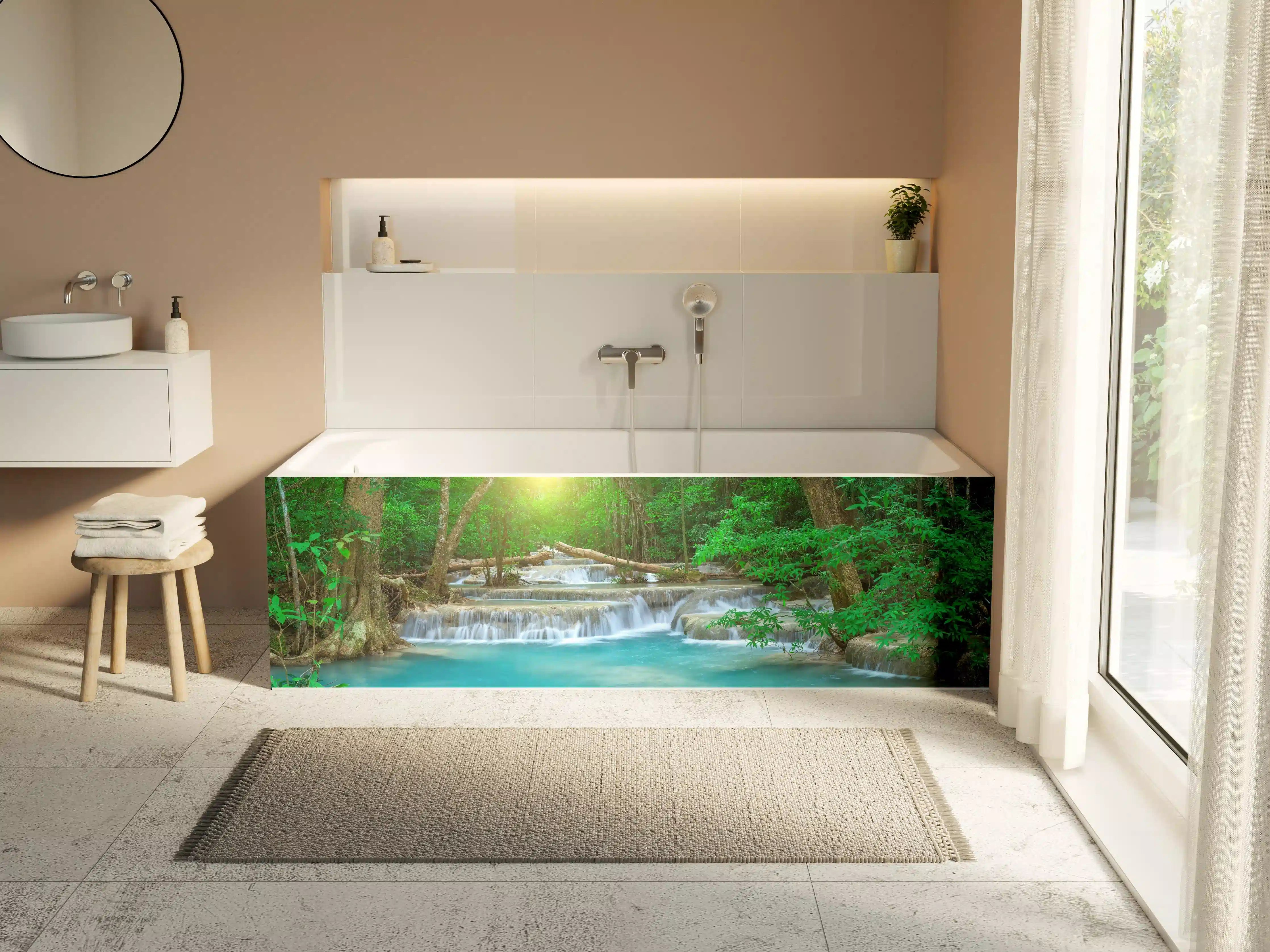 Badewannen-Rückwand - Türkis-Wasserfall im grünen Wald