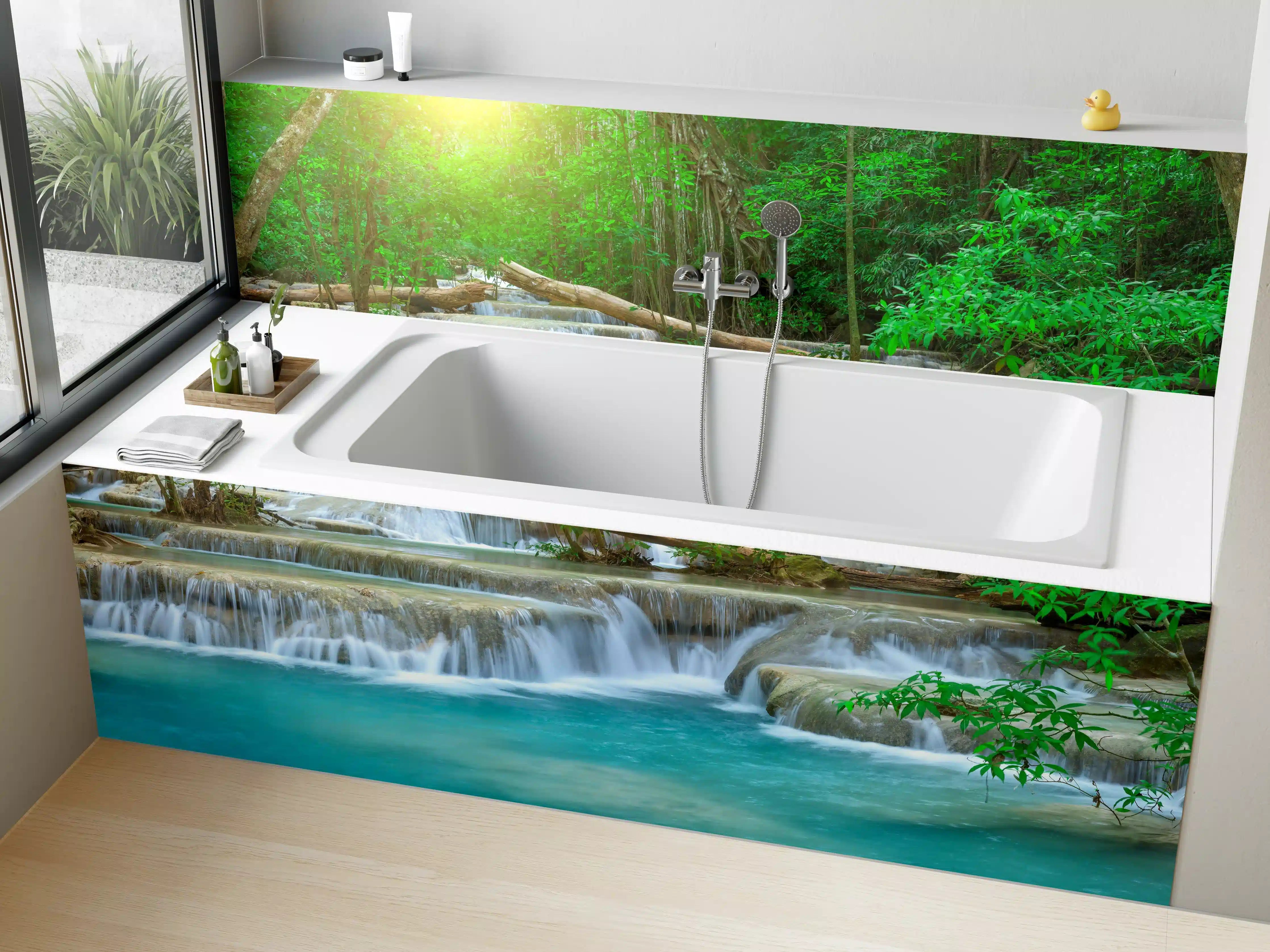 Badewannen-Rückwand - Türkis-Wasserfall im grünen Wald
