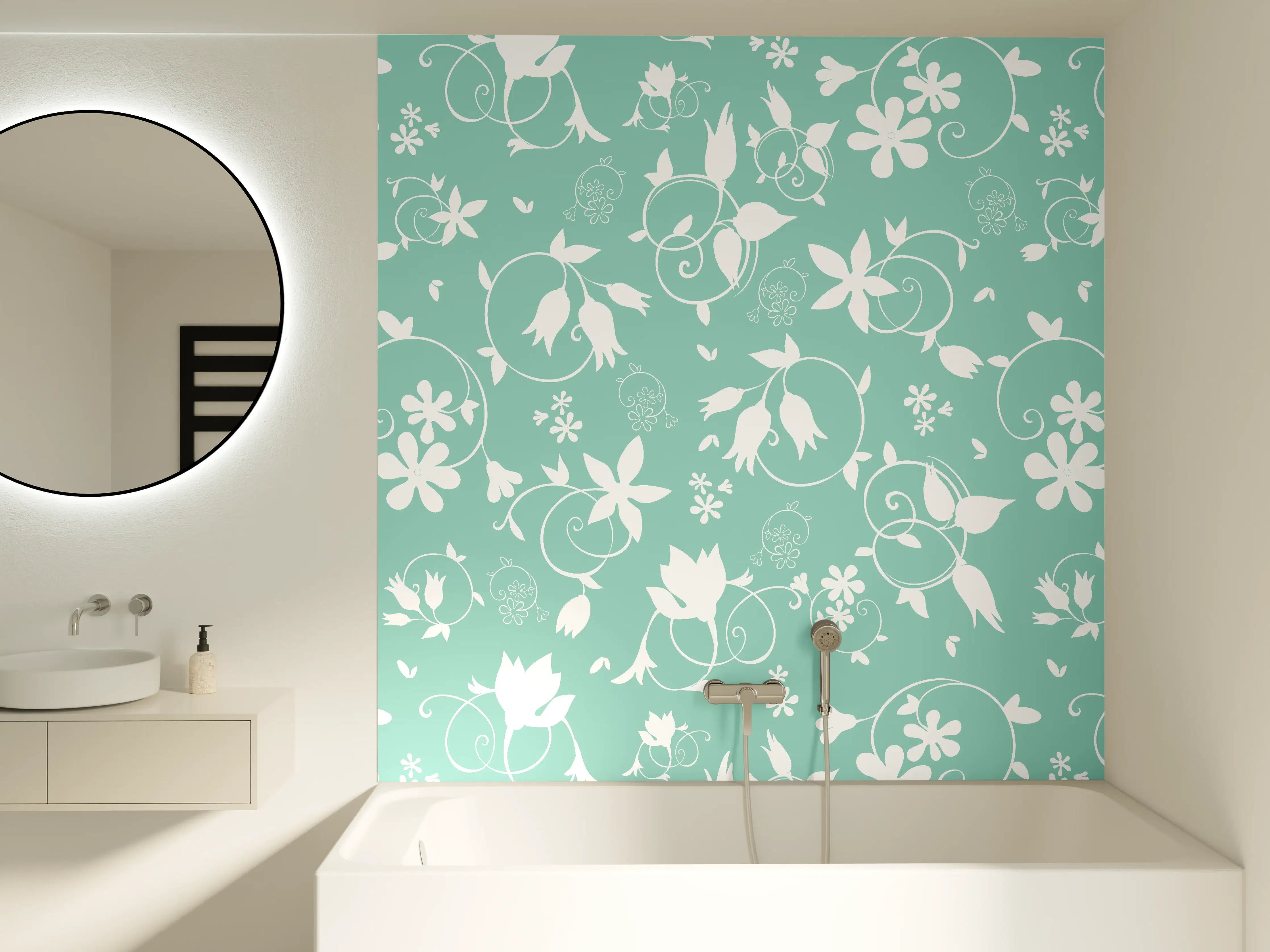 Badewannen-Rückwand - Türkis-Weiß Blumenmuster