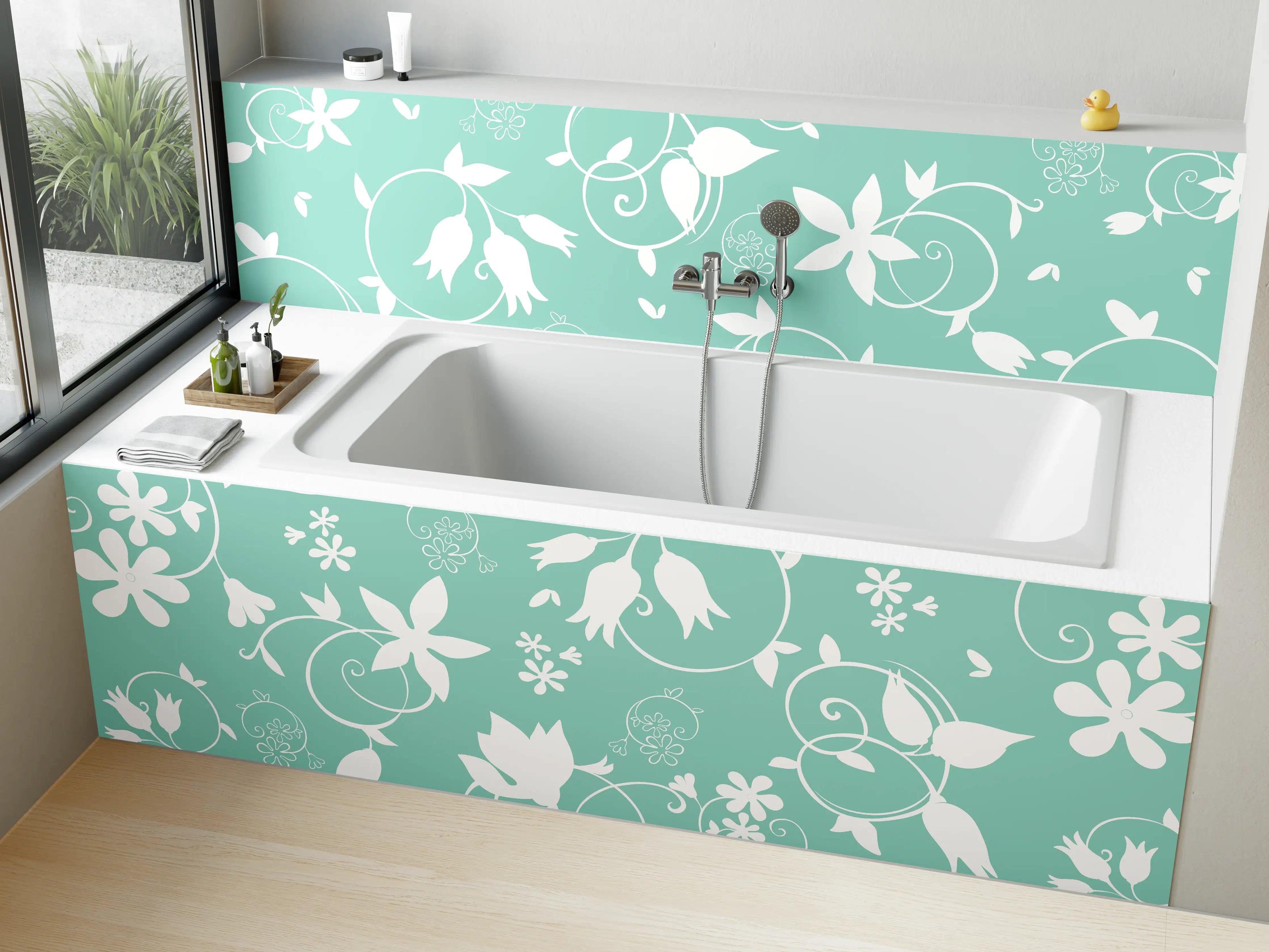 Badewannen-Rückwand - Türkis-Weiß Blumenmuster