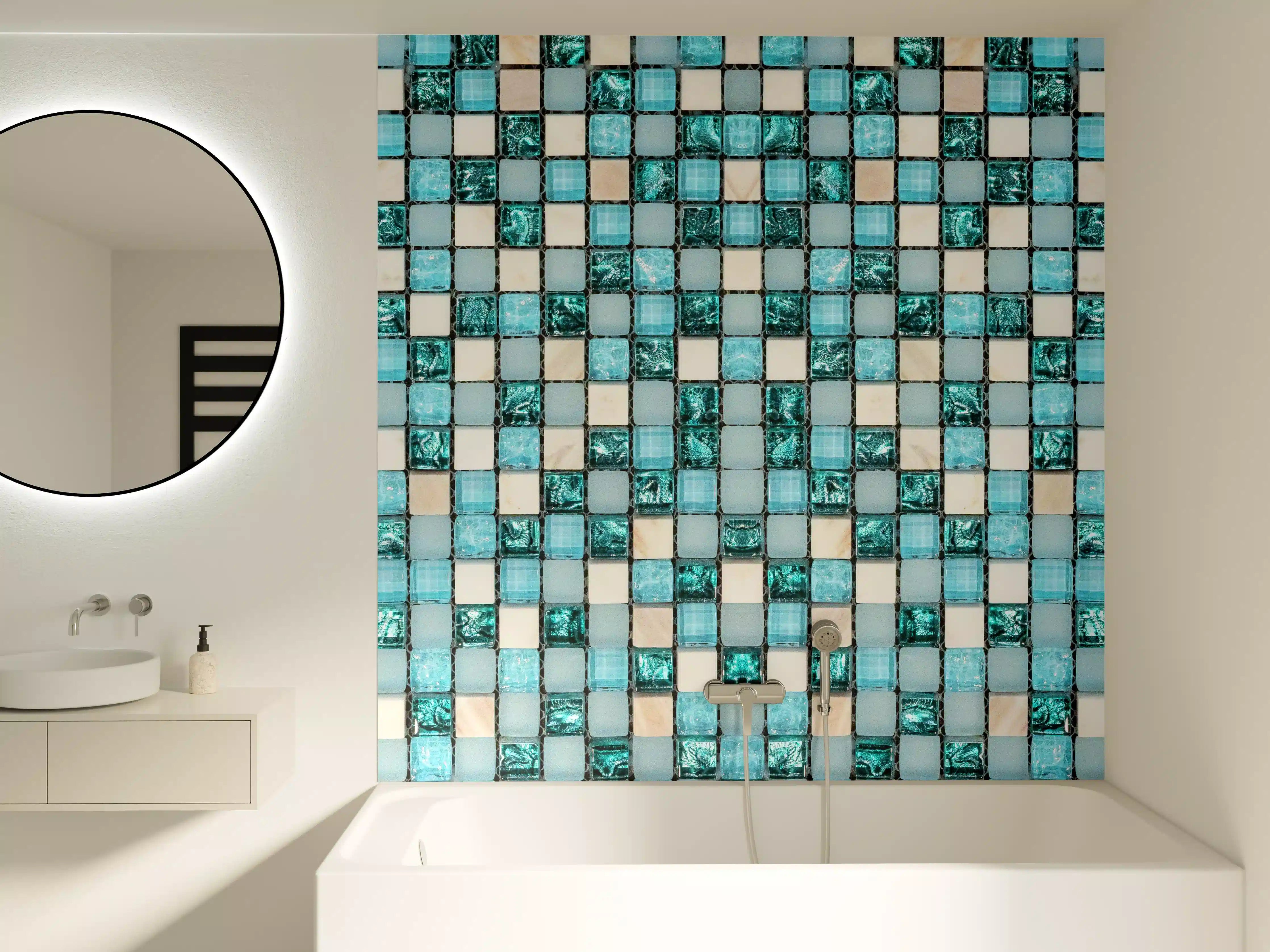 Badewannen-Rückwand - Türkis-Weißes Aquamarin Mosaik