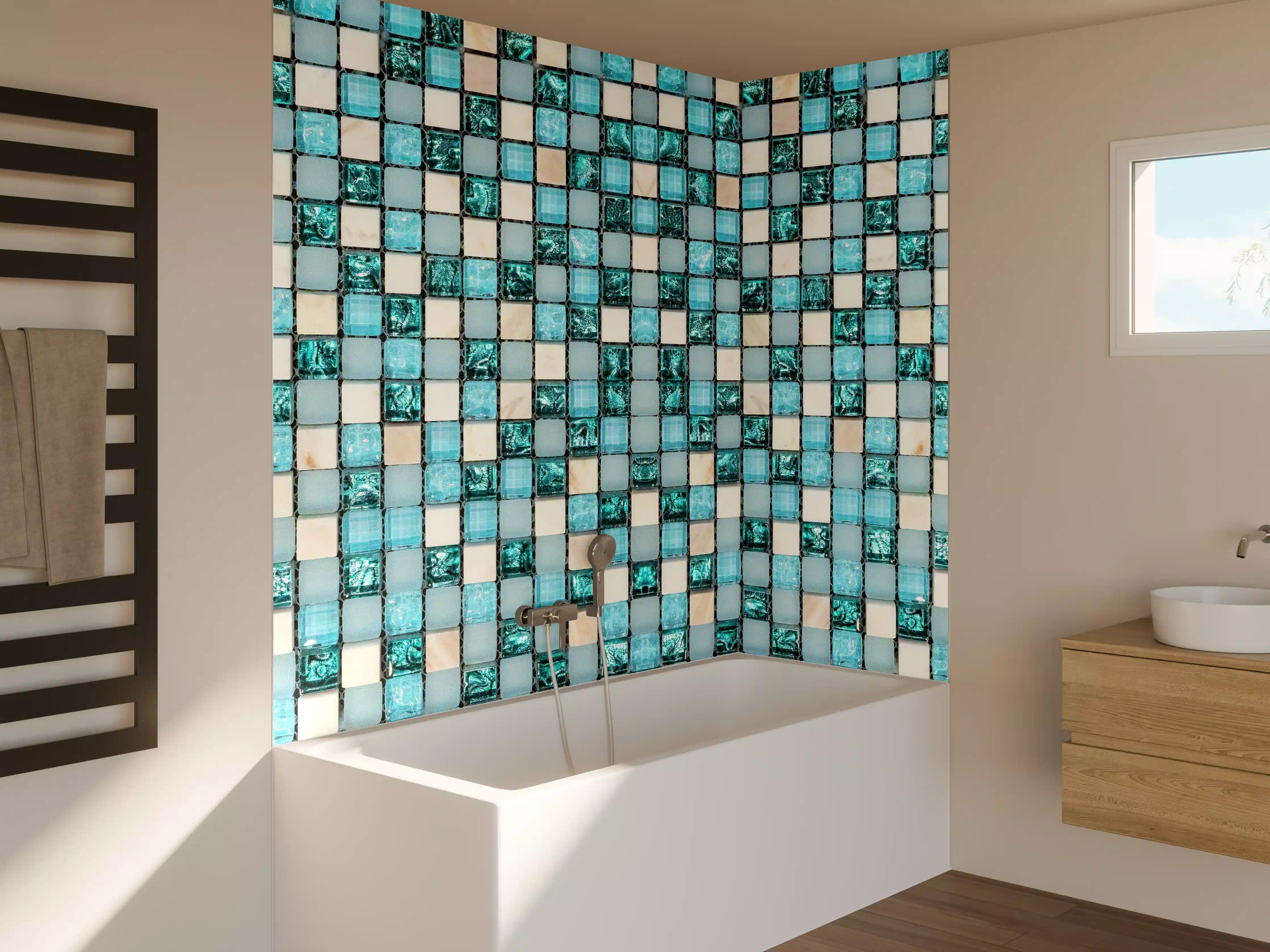 Badewannen-Rückwand - Türkis-Weißes Aquamarin Mosaik