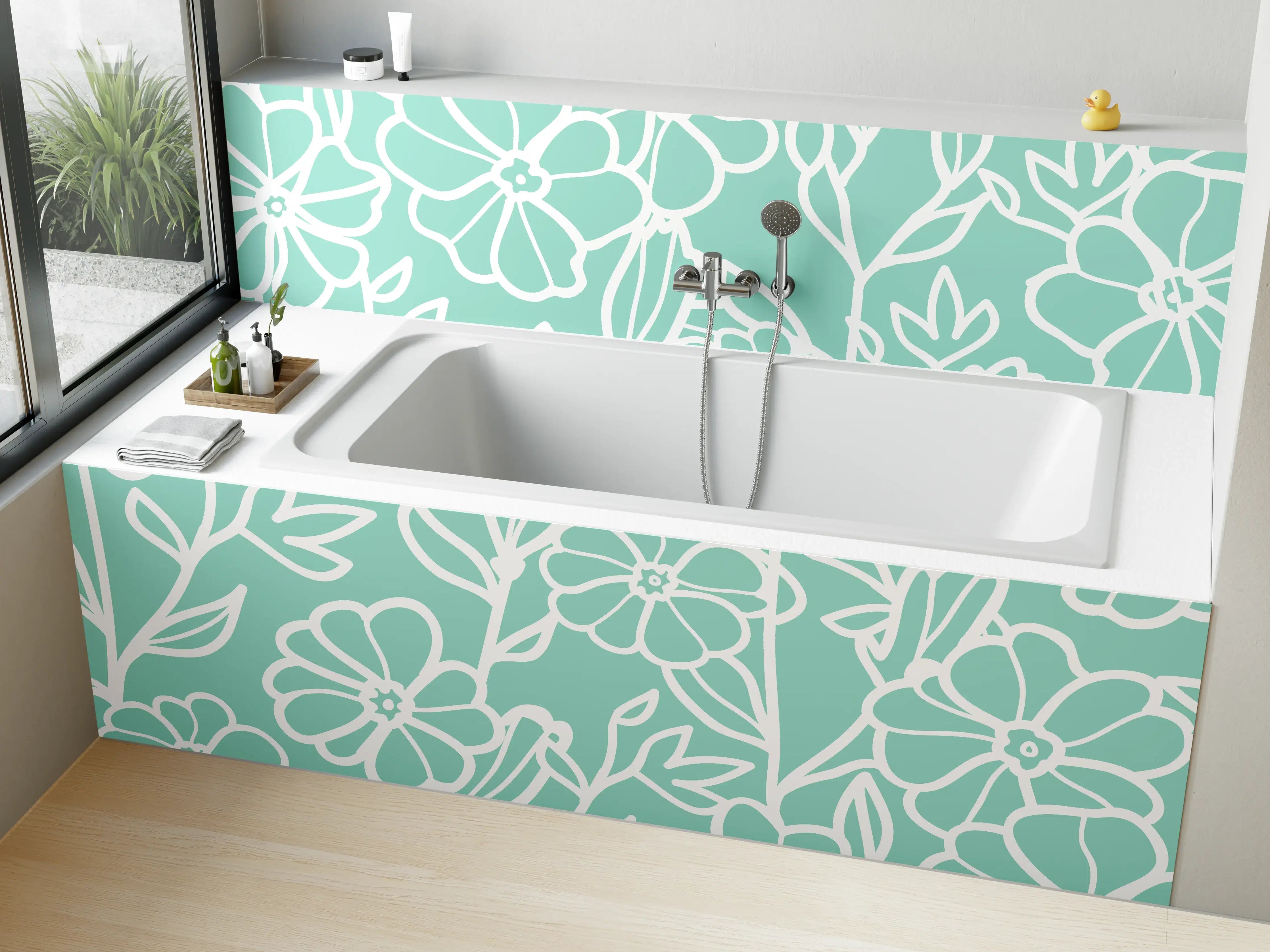 Badewannen-Rückwand - Türkis-Weißes Blumenmuster