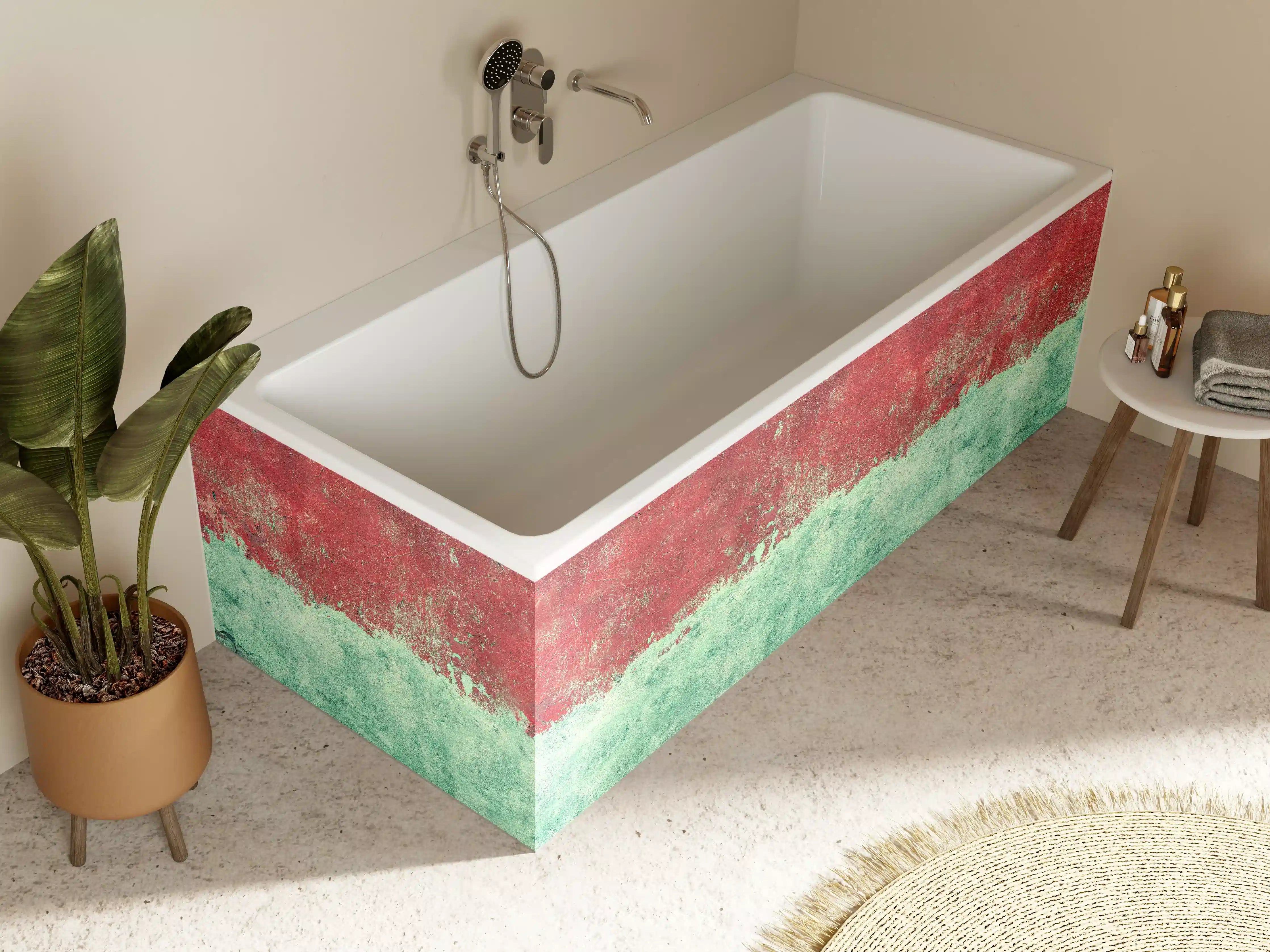 Badewannen-Rückwand - Türkis-rote Wand im Grunge-Stil