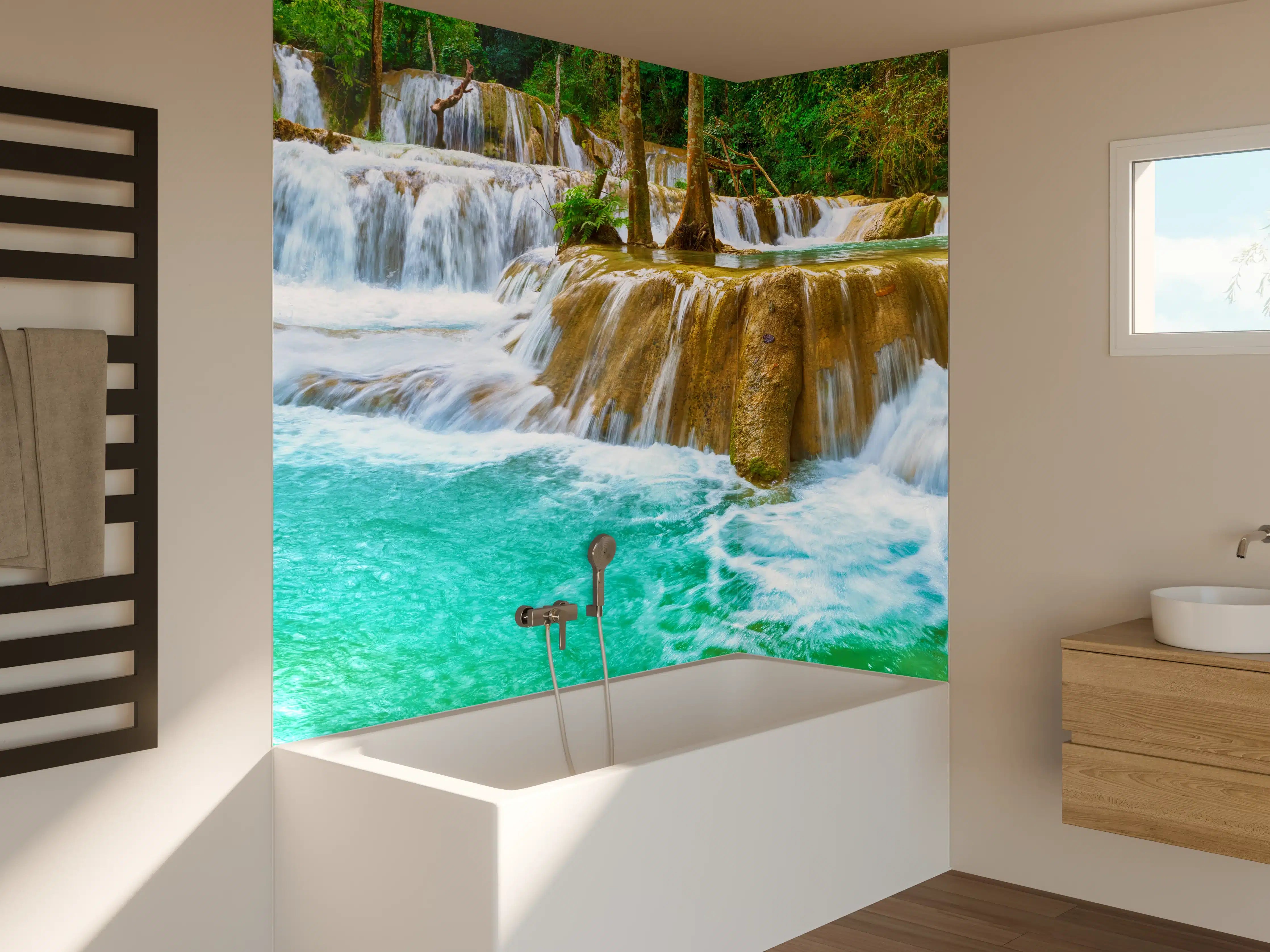 Badewannen-Rückwand - Türkisgrüner Stufen-Wasserfall
