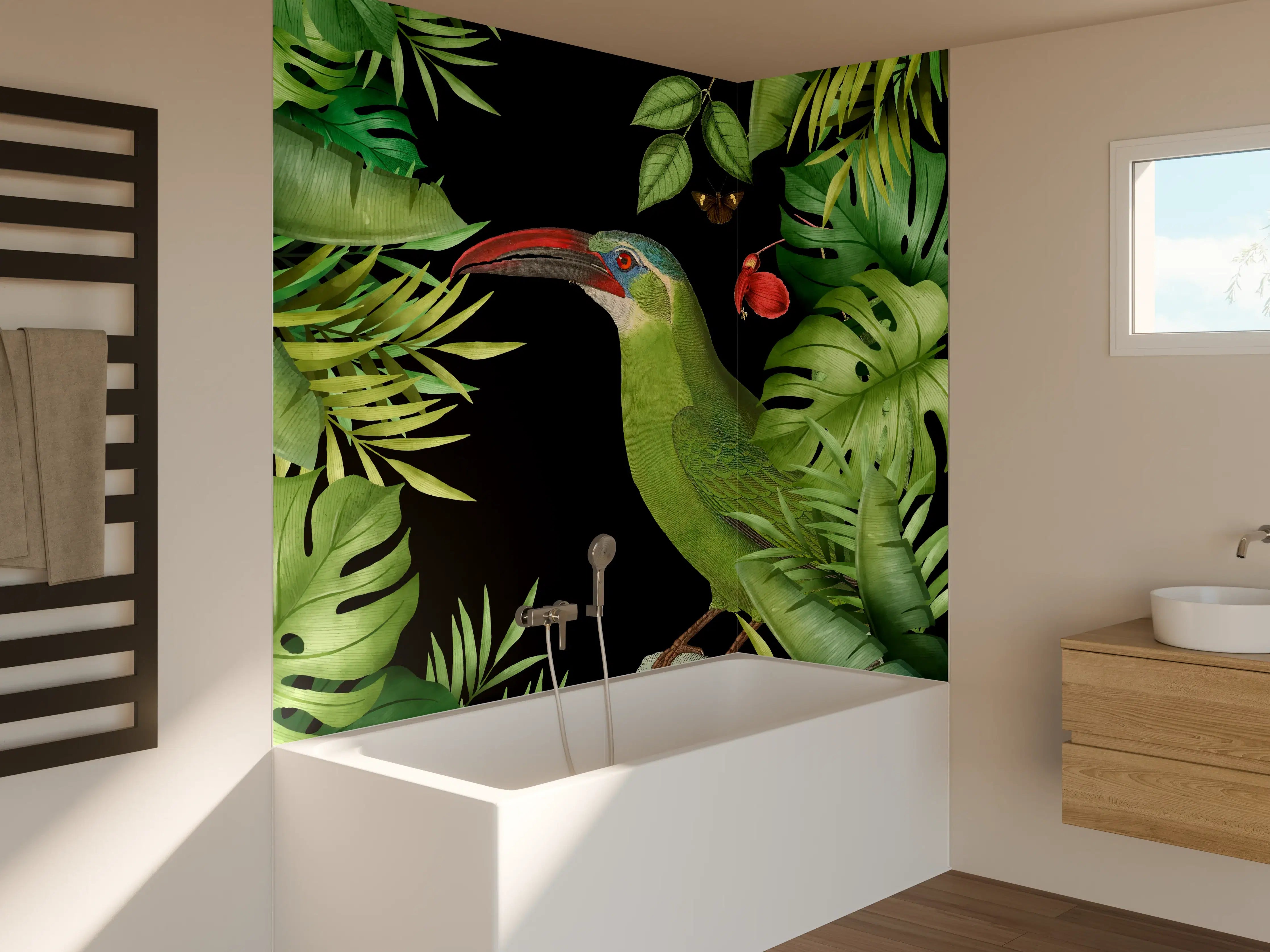 Badewannen-Rückwand - Tukan Malerei - Tropische Blätter