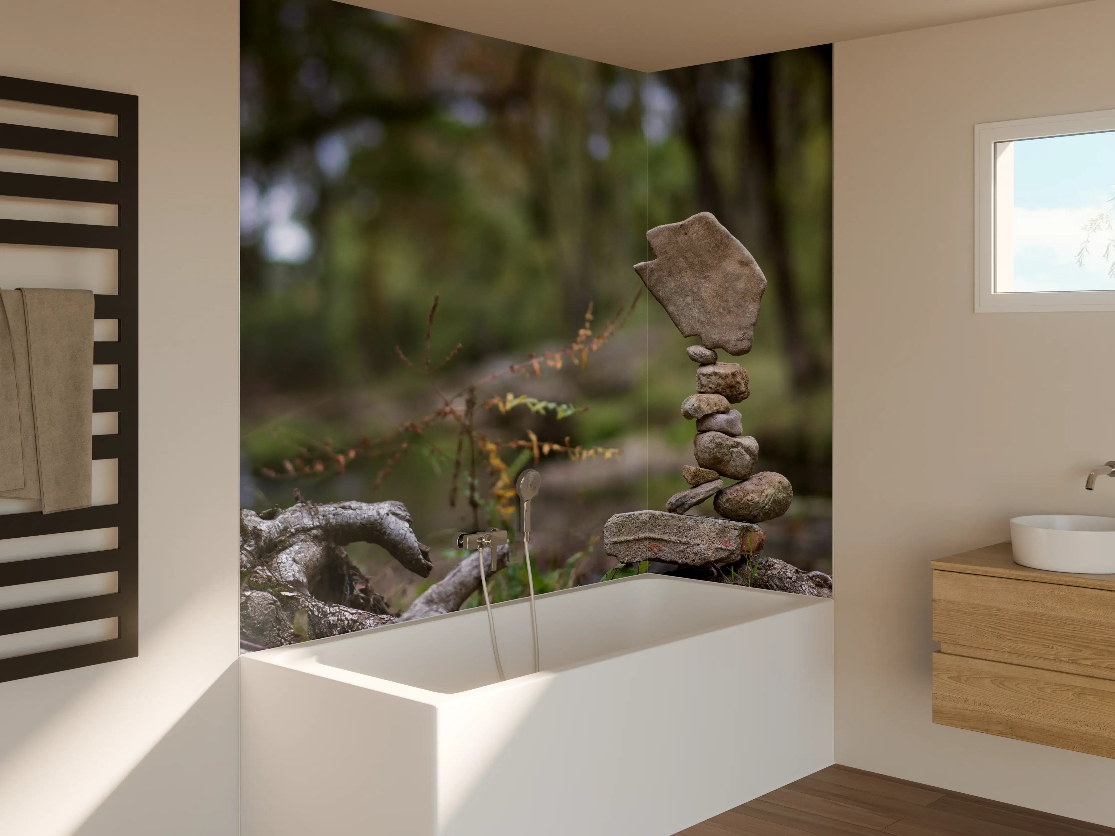 Badewannen-Rückwand - Turm aus Steinen im Wald