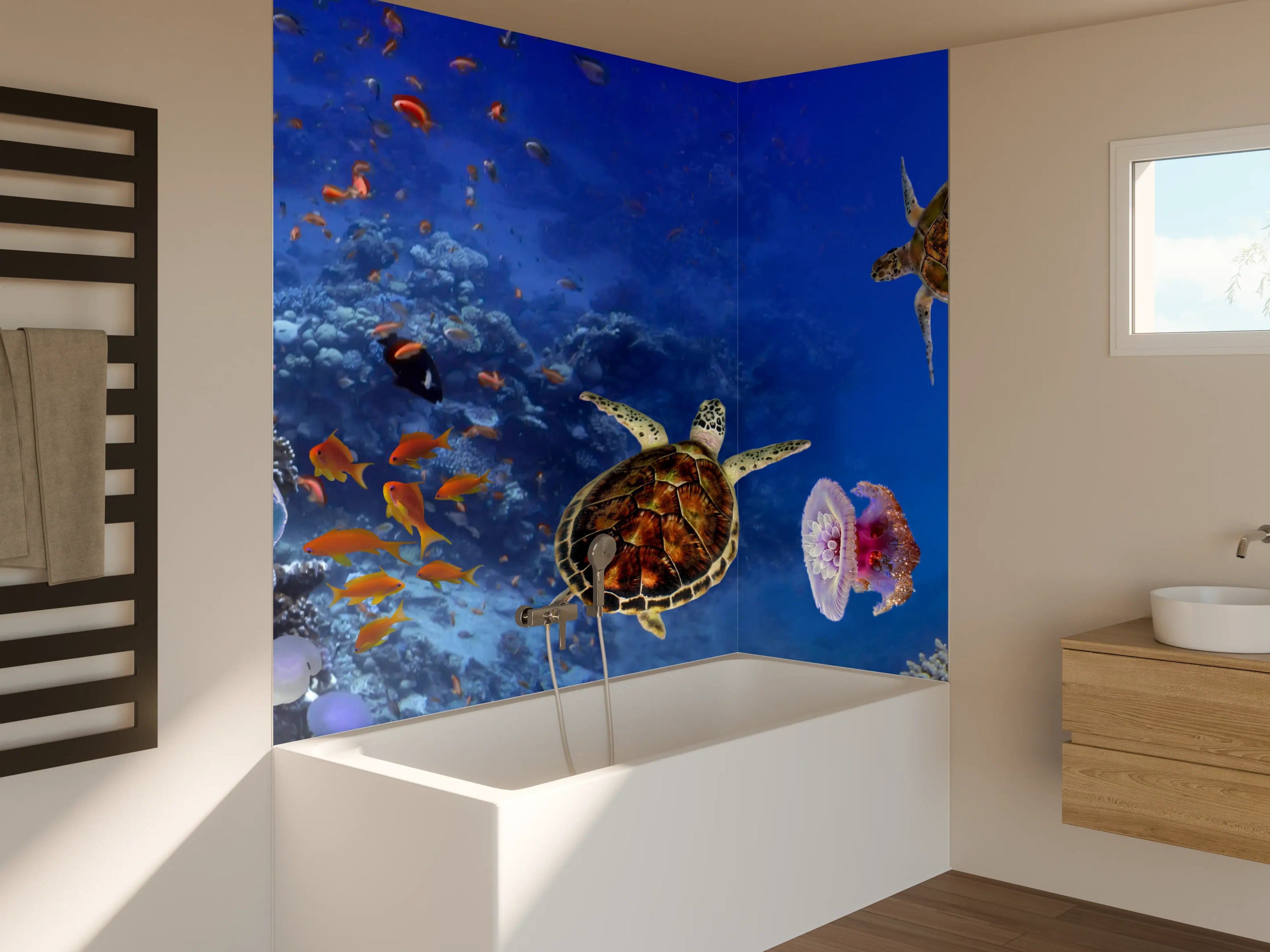Badewannen-Rückwand - Unterwasser-Panorama mit Schildkröte