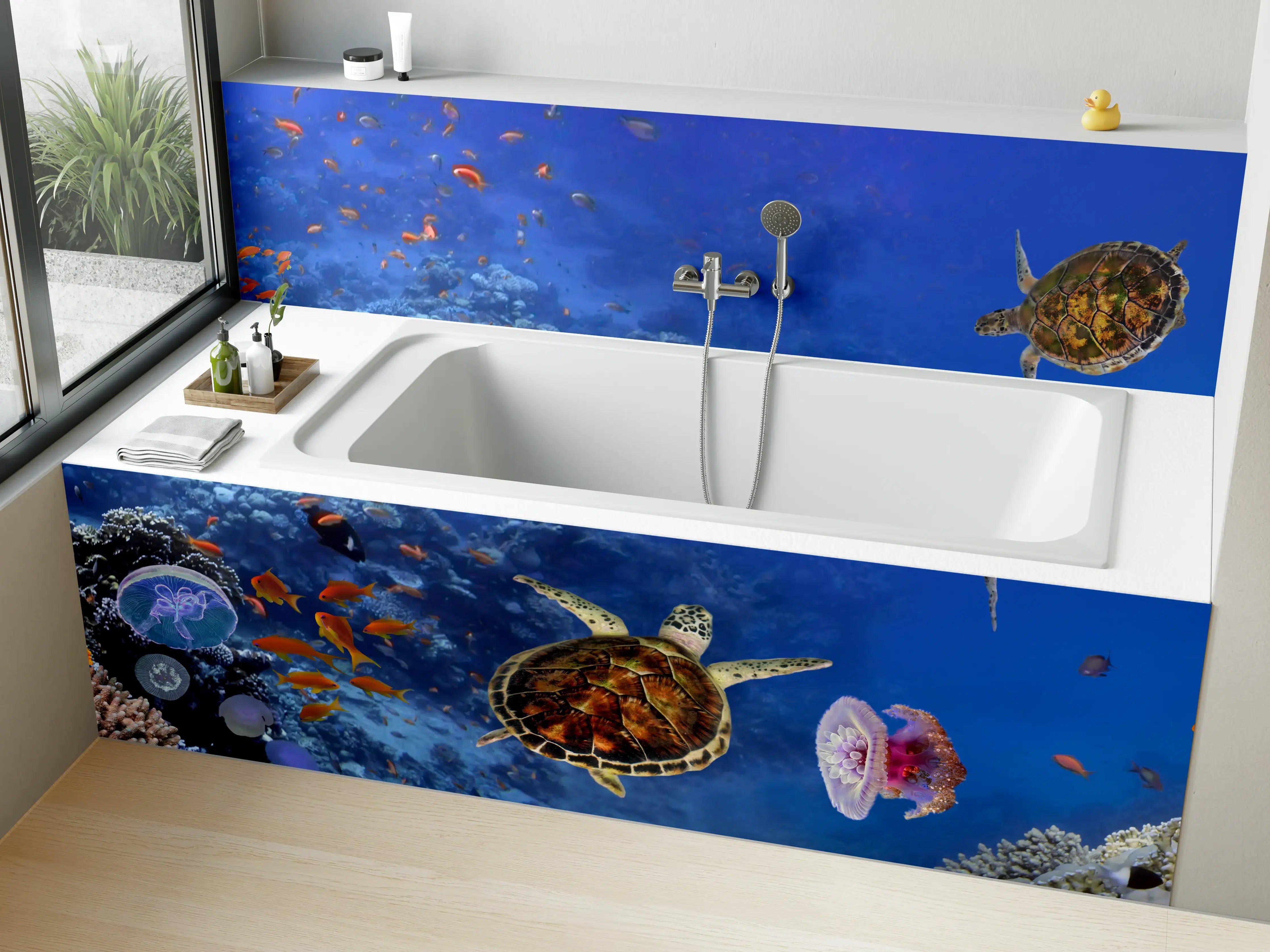 Badewannen-Rückwand - Unterwasser-Panorama mit Schildkröte