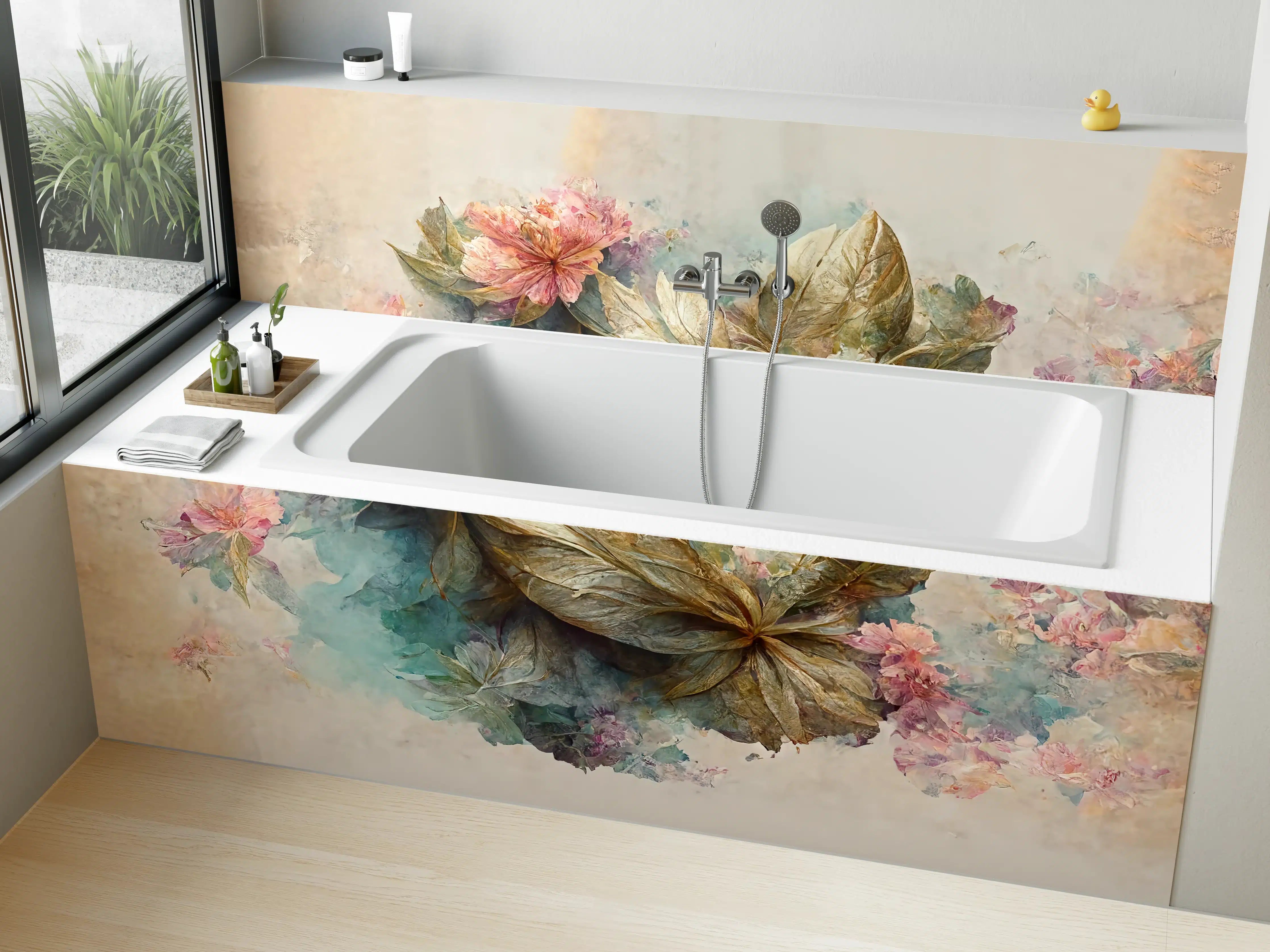 Badewannen-Rückwand - Vergoldete Blumen und Blätter Wasserfarbenkunst