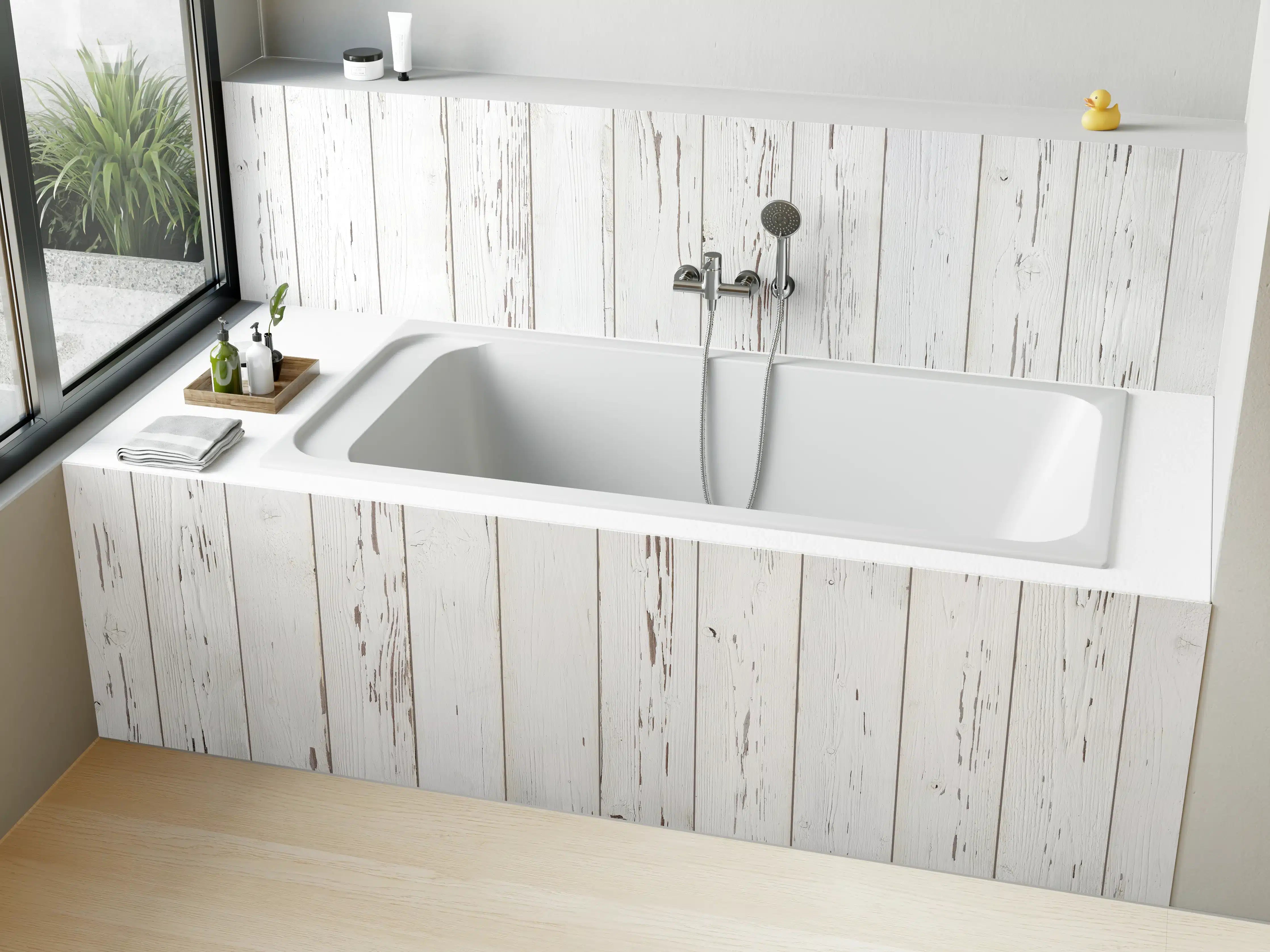 Badewannen-Rückwand - Verwitterte weiße Holzdielen