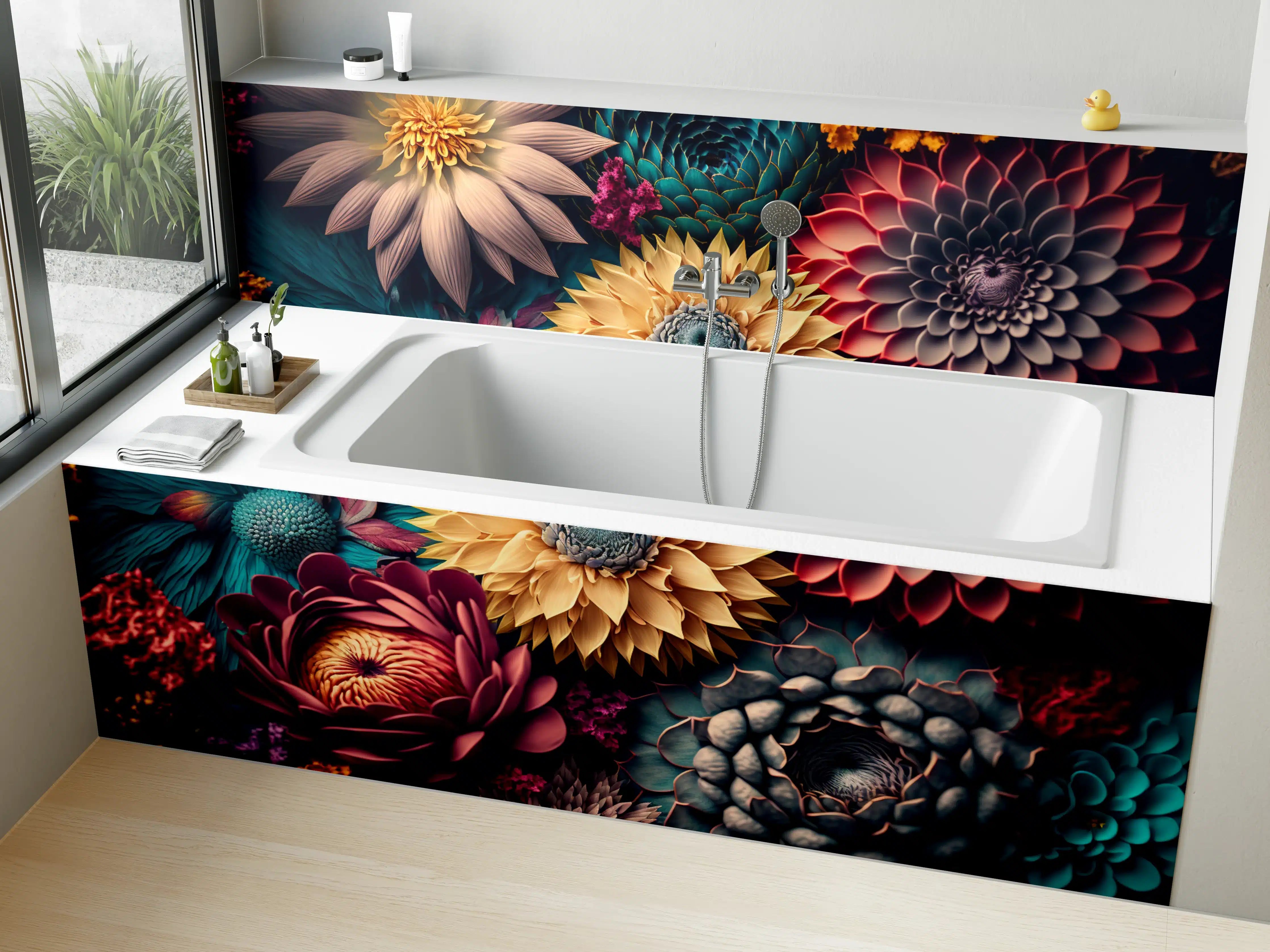 Badewannen-Rückwand - Vibrante Blumenpracht in Dunkel- und Pastelltönen