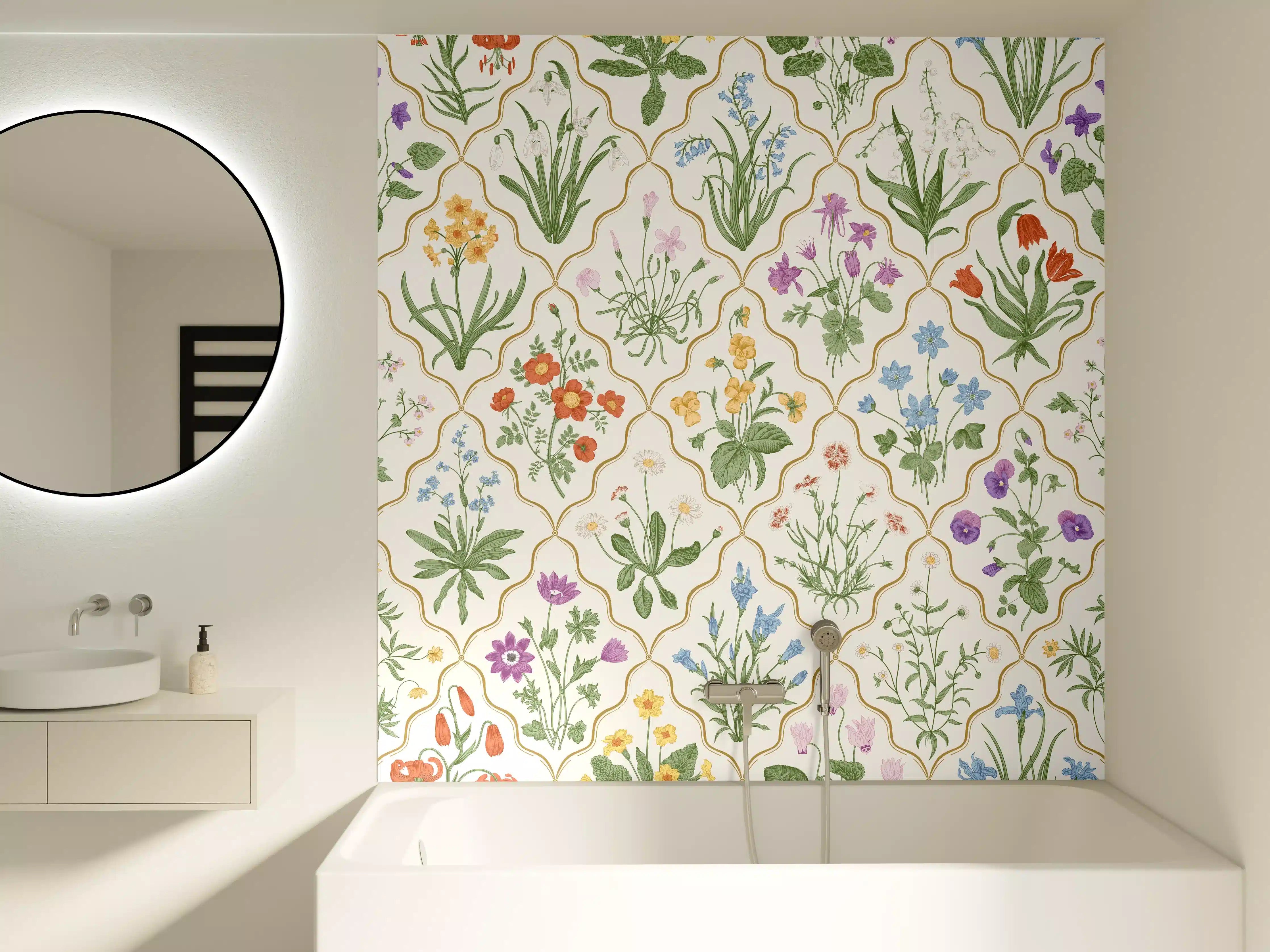 Badewannen-Rückwand - Vintage Bloom Blumen-Tapete Beige-Grün
