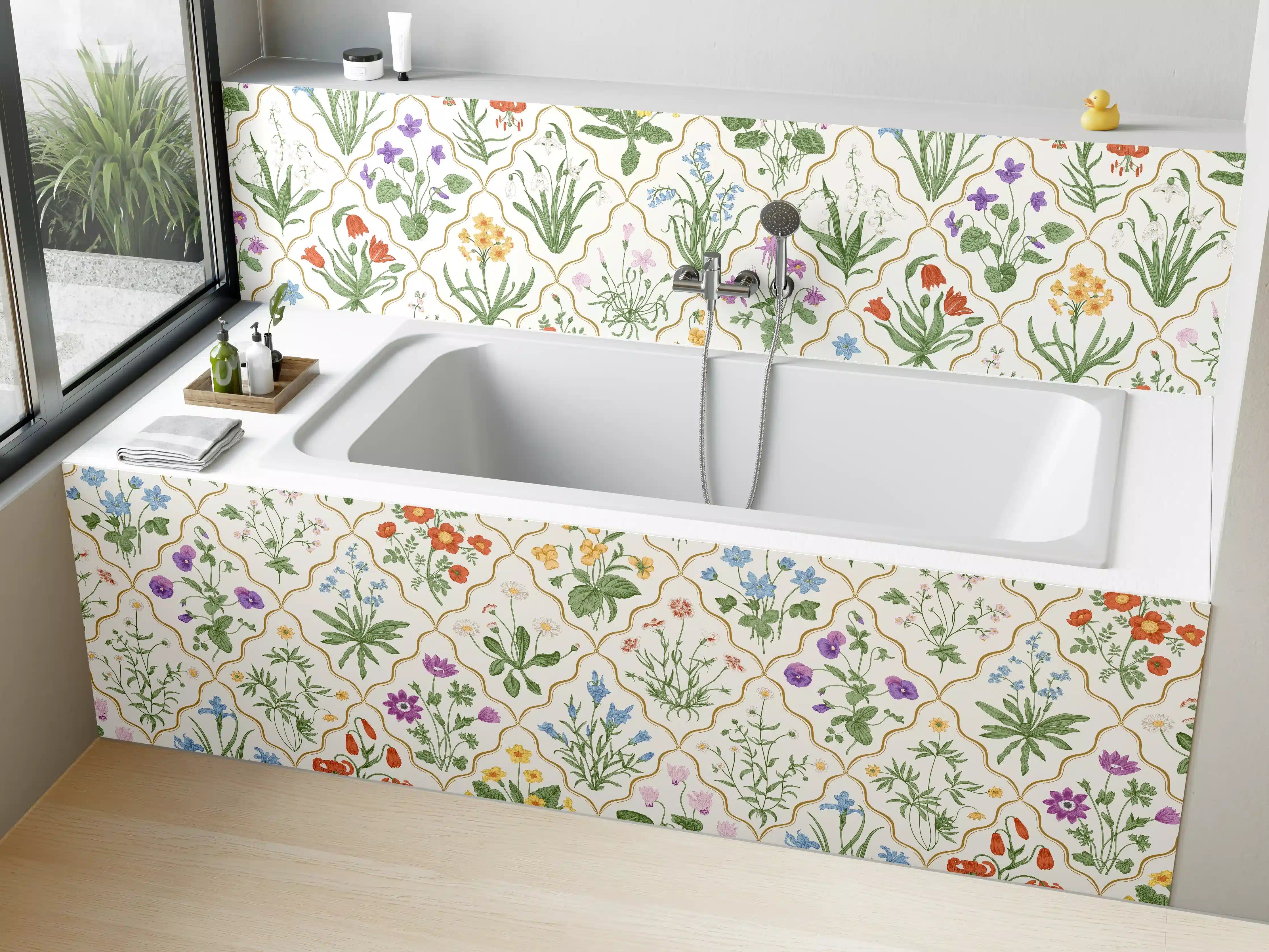 Badewannen-Rückwand - Vintage Bloom Blumen-Tapete Beige-Grün