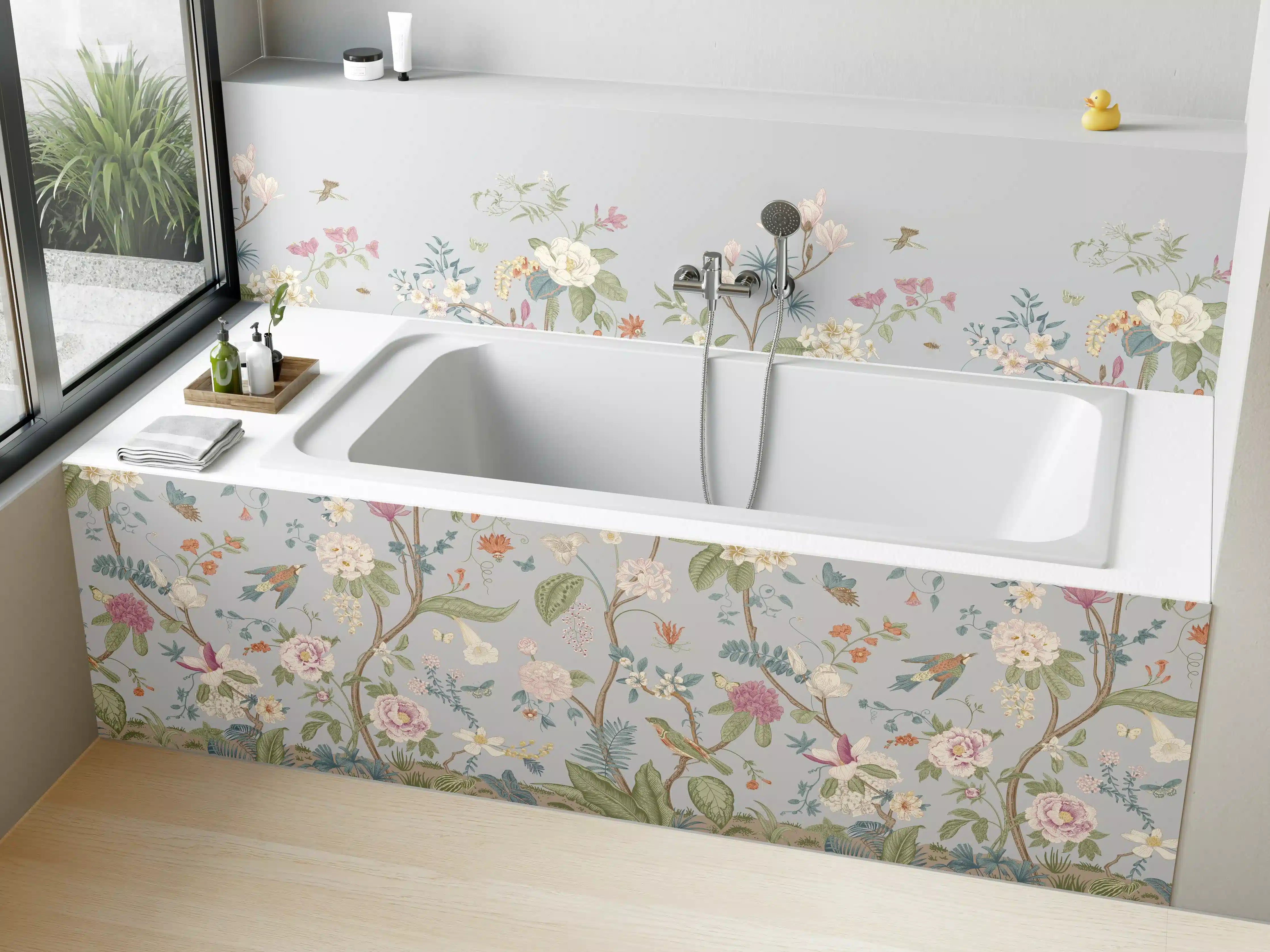 Badewannen-Rückwand - Vintage Bloom Blumenbordüre Grau-Rosa