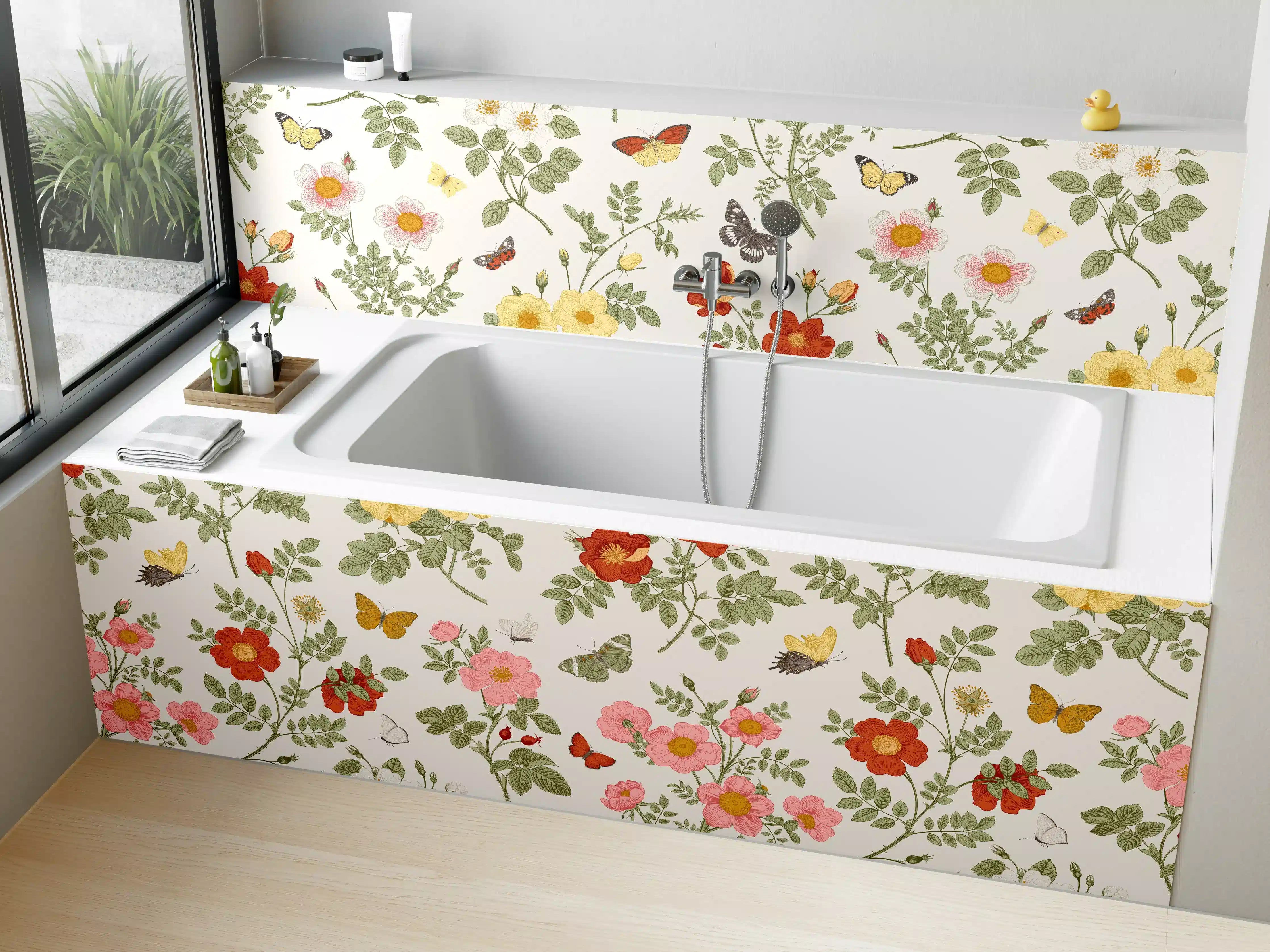 Badewannen-Rückwand - Vintage Bloom Blumenmuster Rosa-Beige