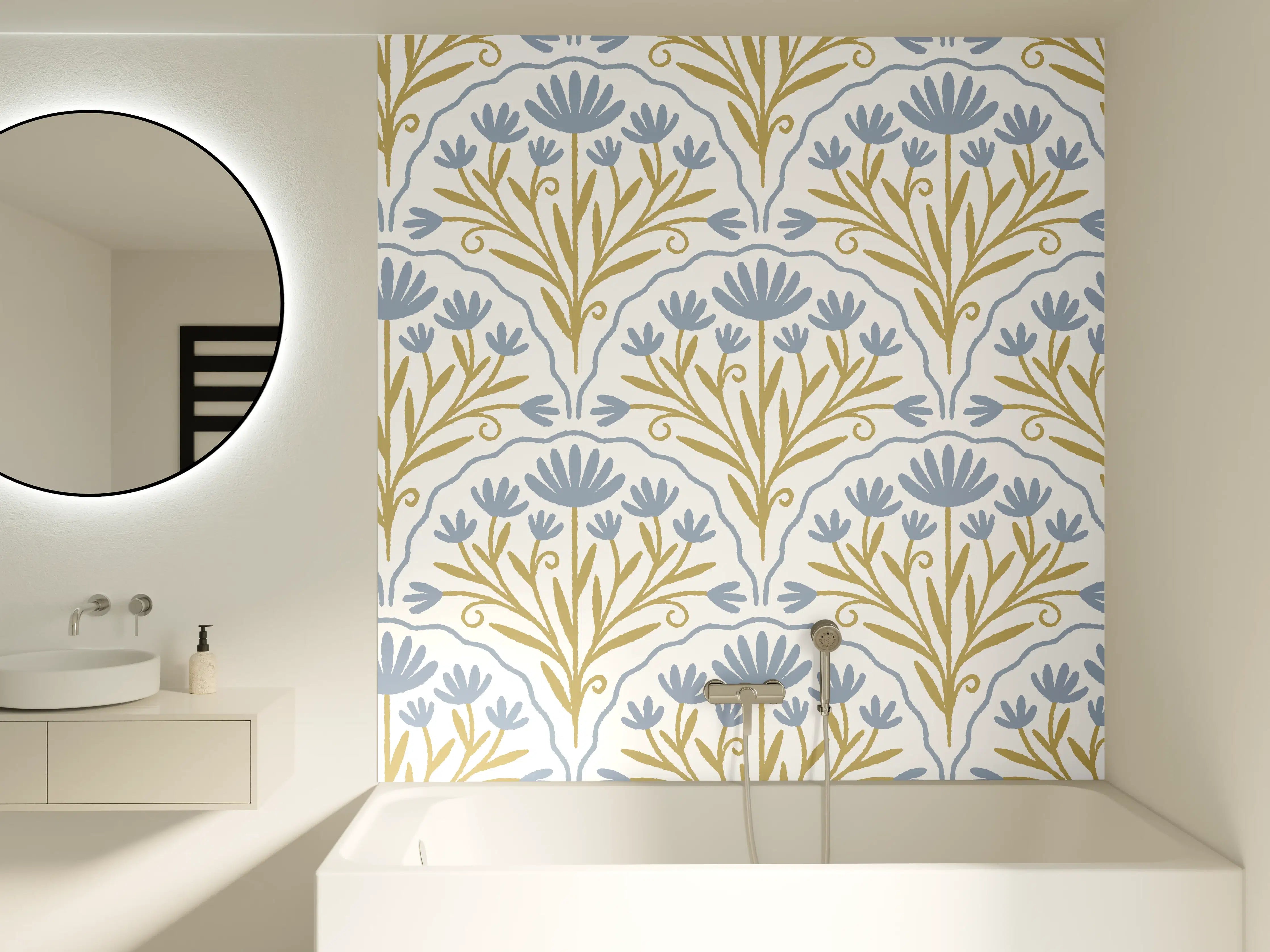 Badewannen-Rückwand - Vintage Bloom Tapete Blau-Weiß