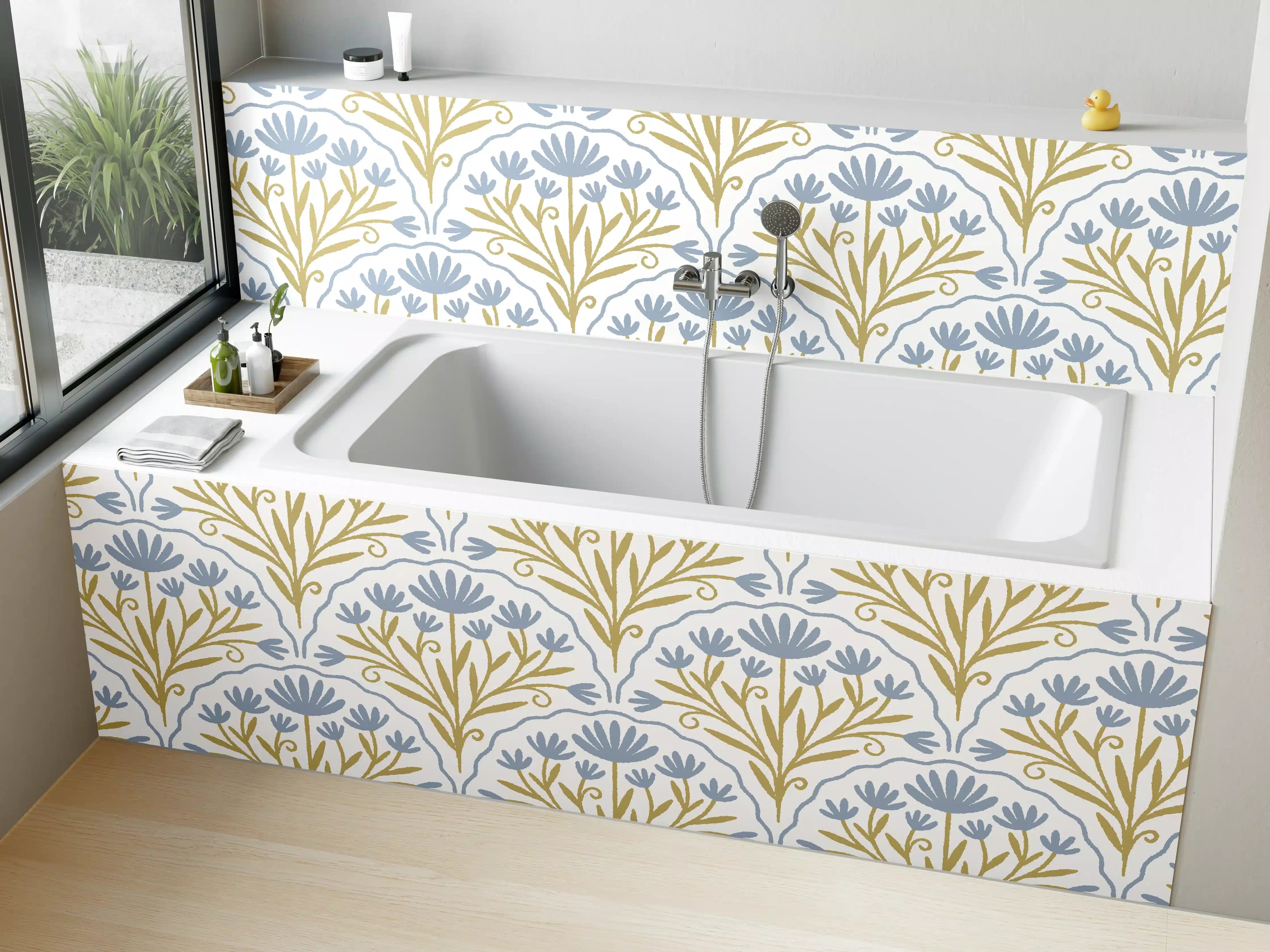 Badewannen-Rückwand - Vintage Bloom Tapete Blau-Weiß