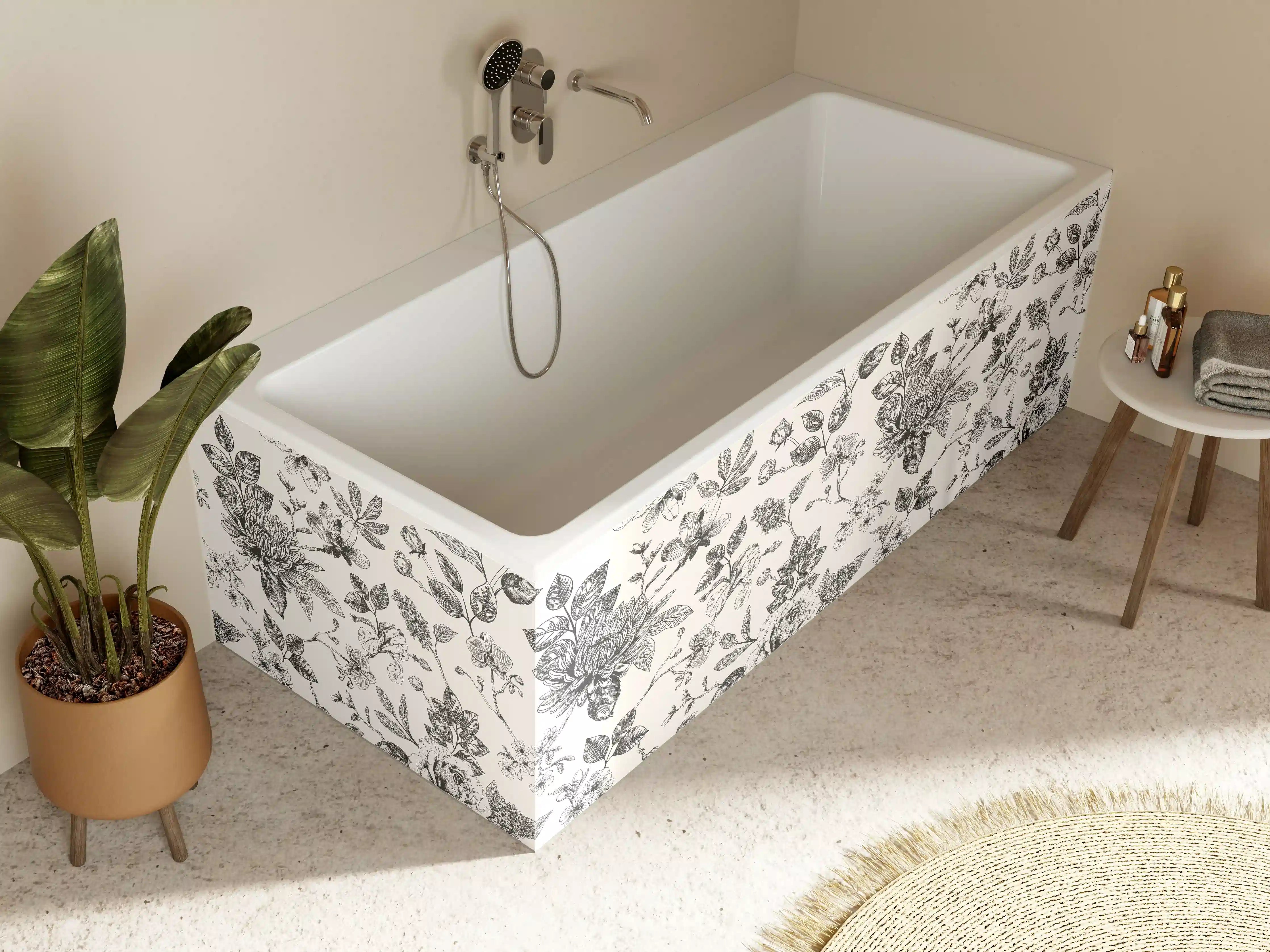 Badewannen-Rückwand - Vintage-Blumen Schwarz-Weiß