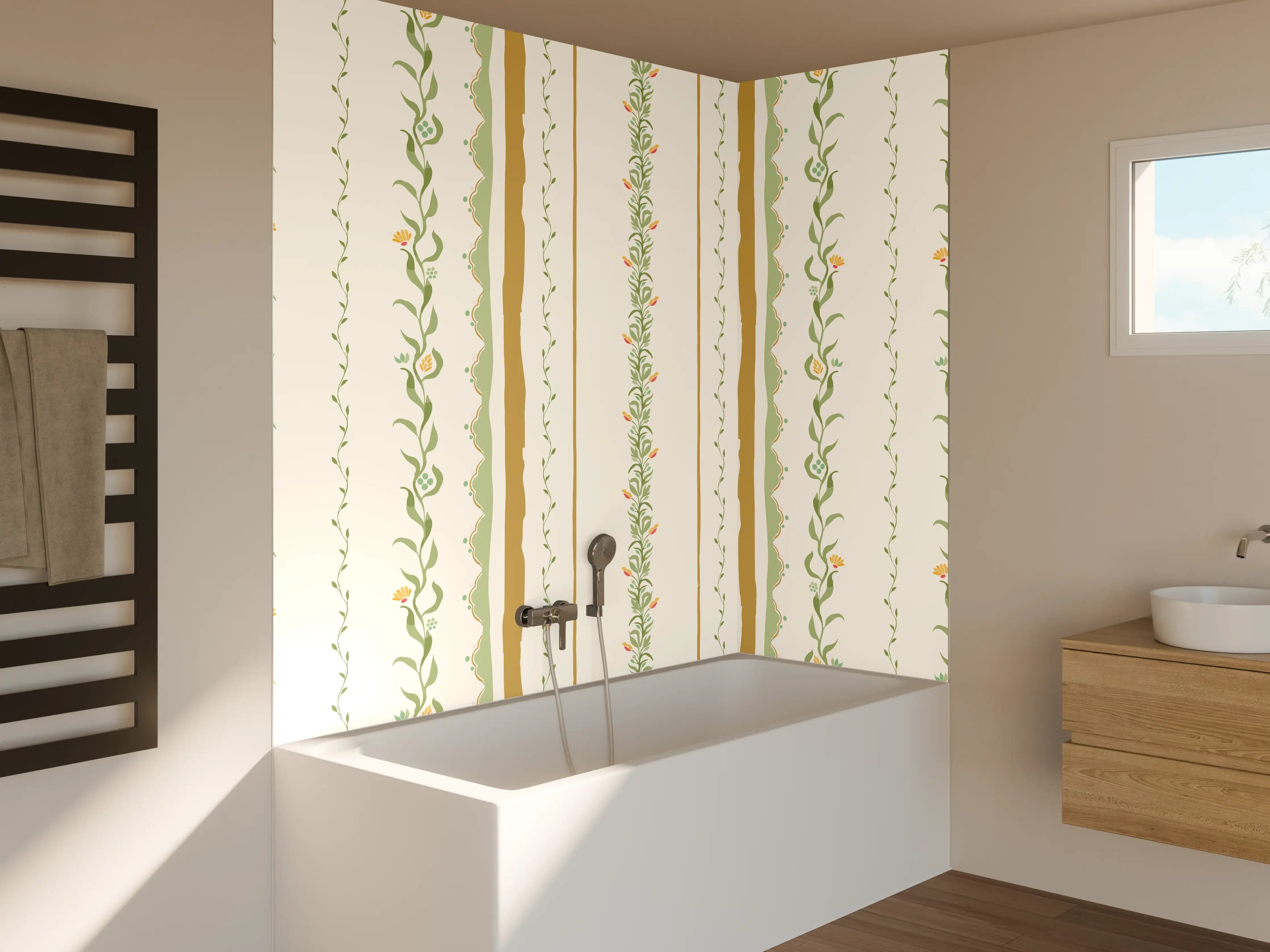 Badewannen-Rückwand - Vintage-Blumen Tapete Beige-Grün