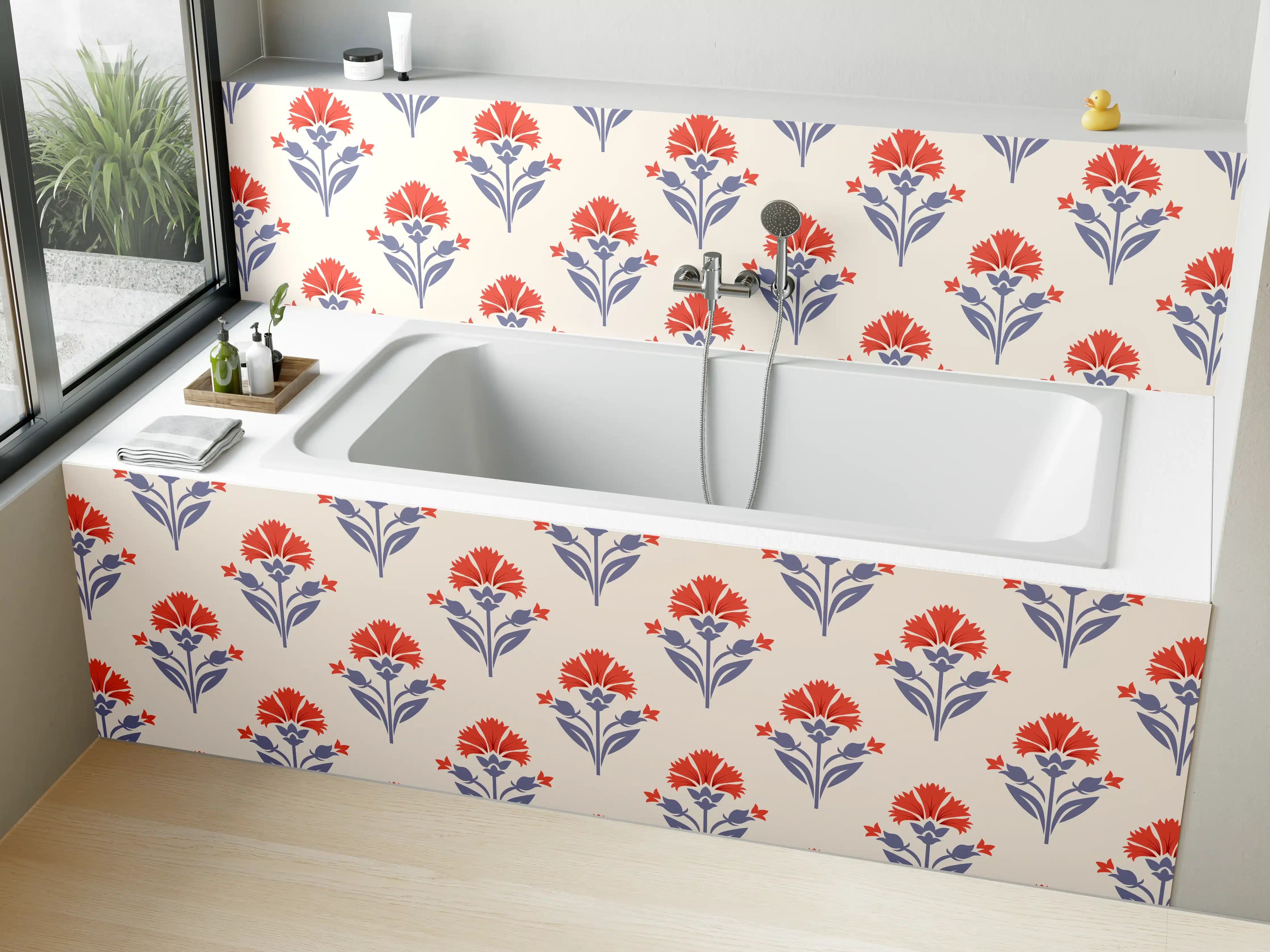 Badewannen-Rückwand - Vintage Blumen Tapete Beige-Rot