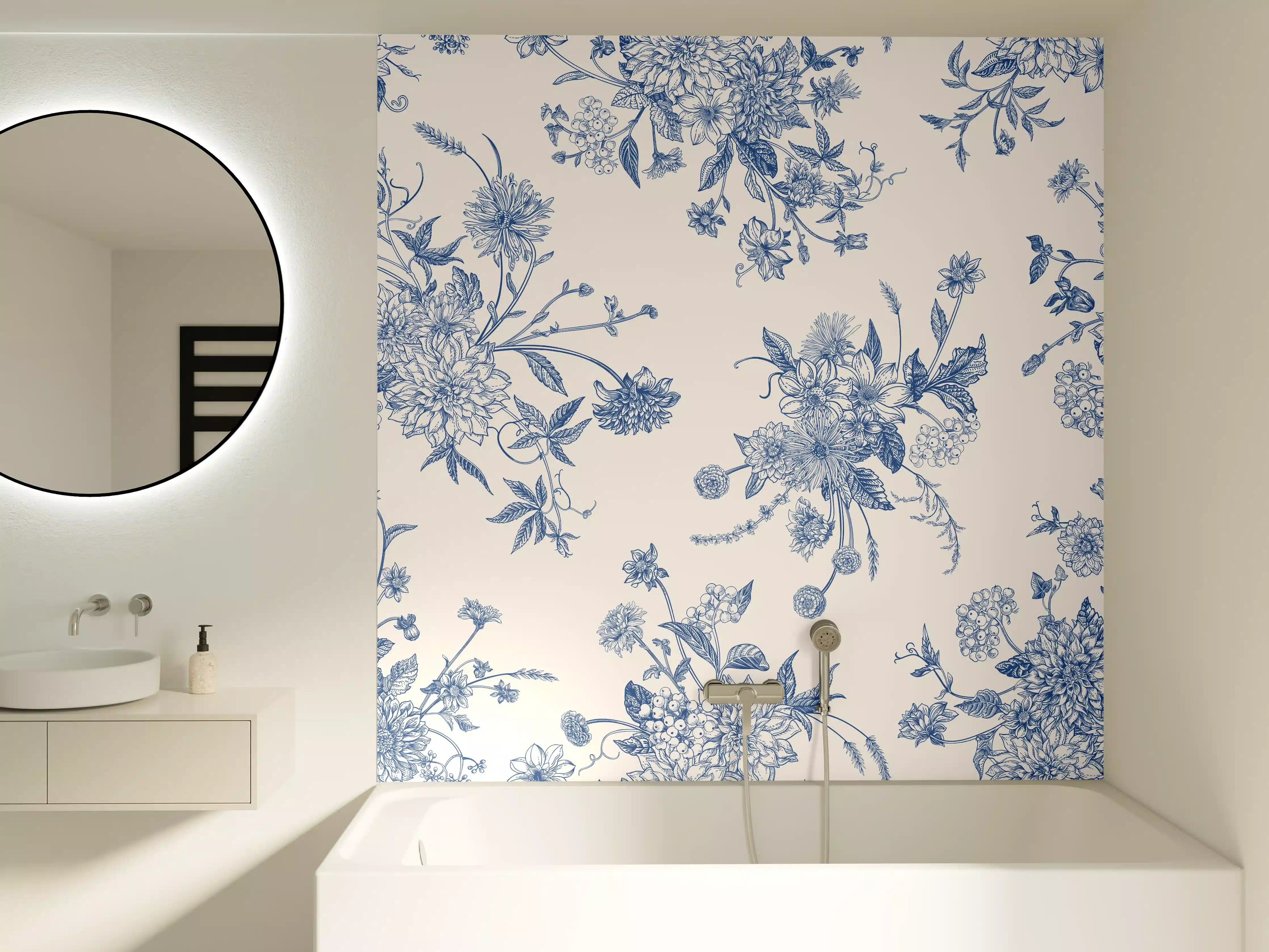 Badewannen-Rückwand - Vintage-Blumenmuster Blau-Weiß