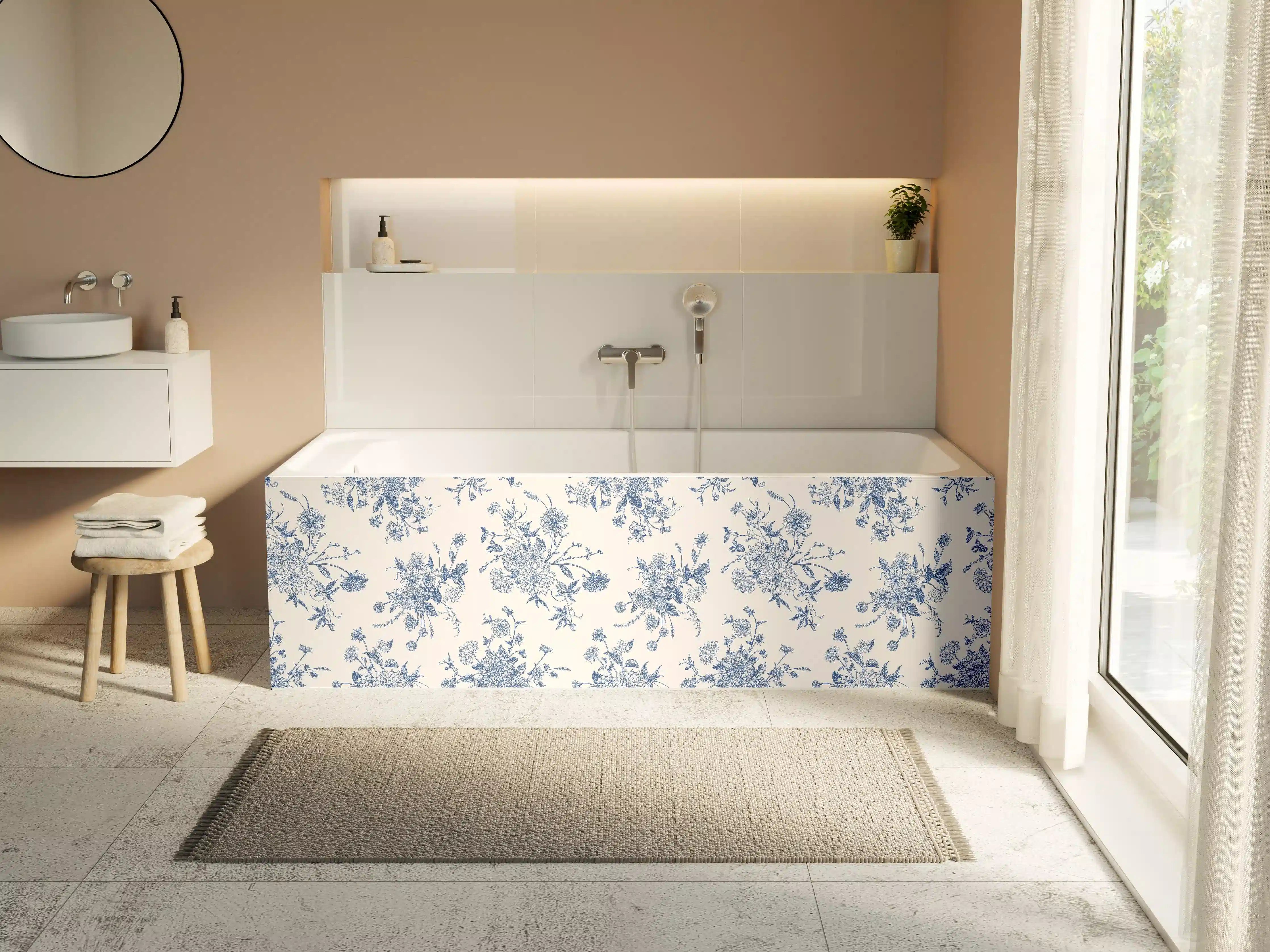 Badewannen-Rückwand - Vintage-Blumenmuster Blau-Weiß