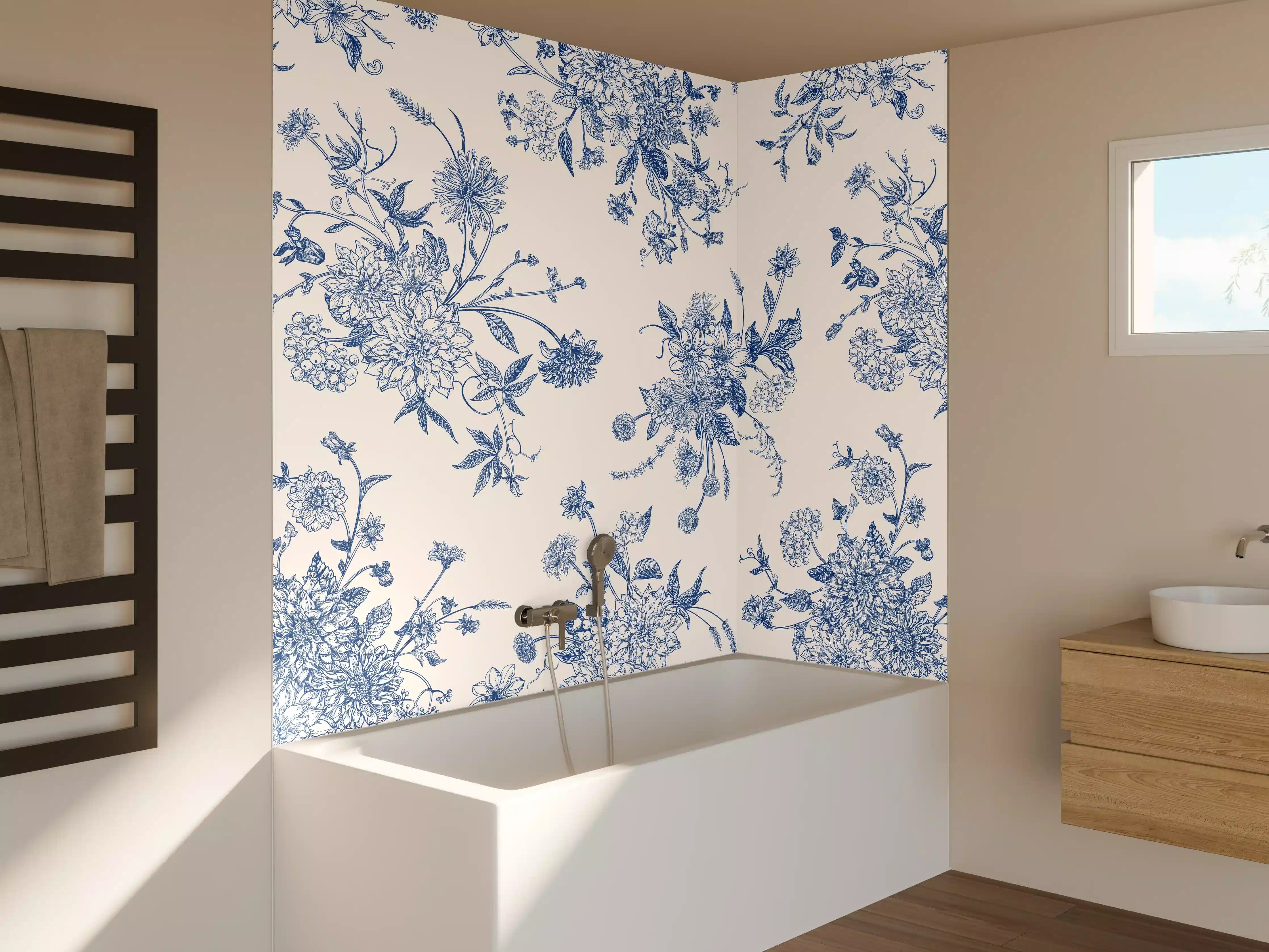 Badewannen-Rückwand - Vintage-Blumenmuster Blau-Weiß