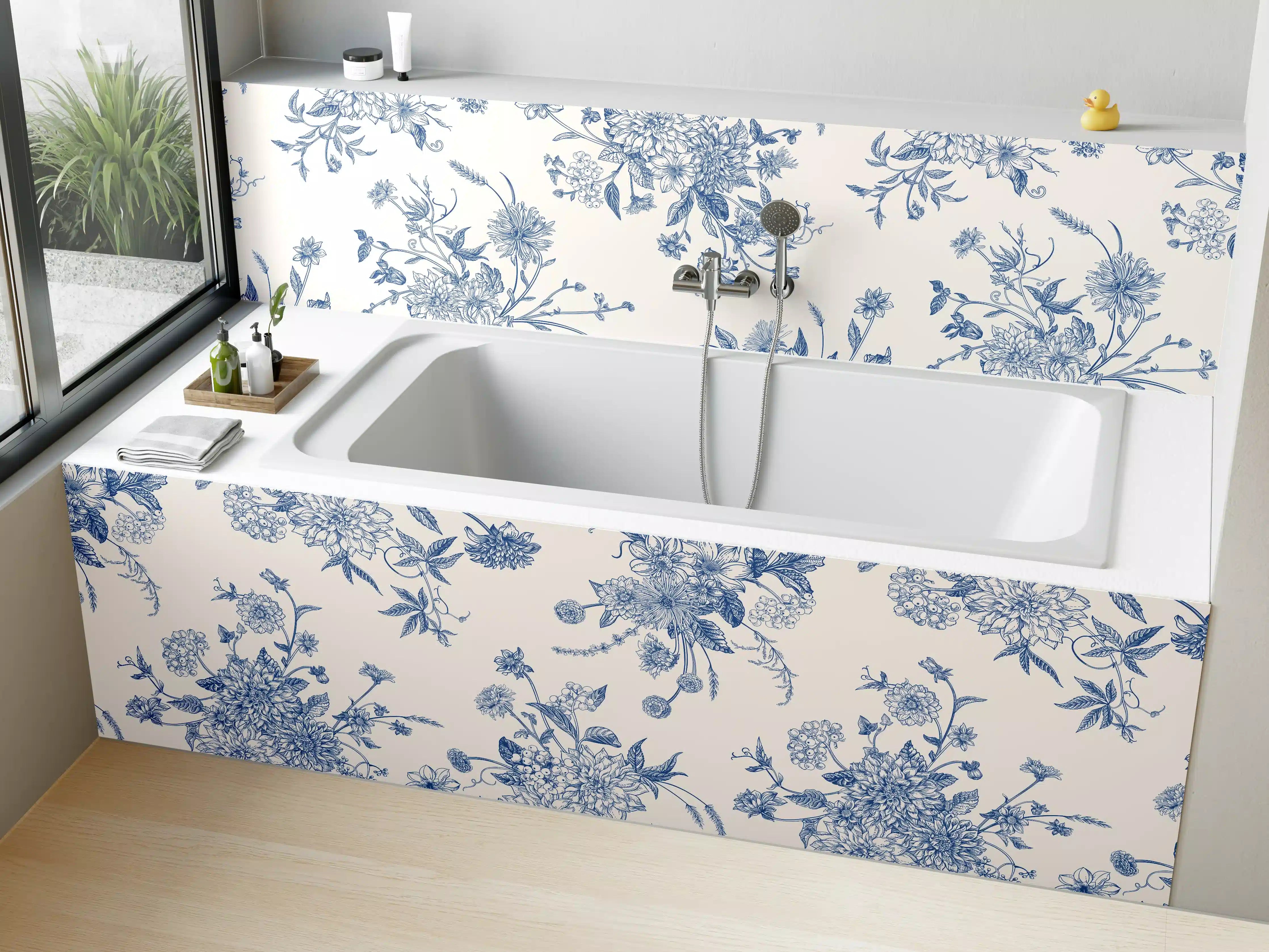 Badewannen-Rückwand - Vintage-Blumenmuster Blau-Weiß