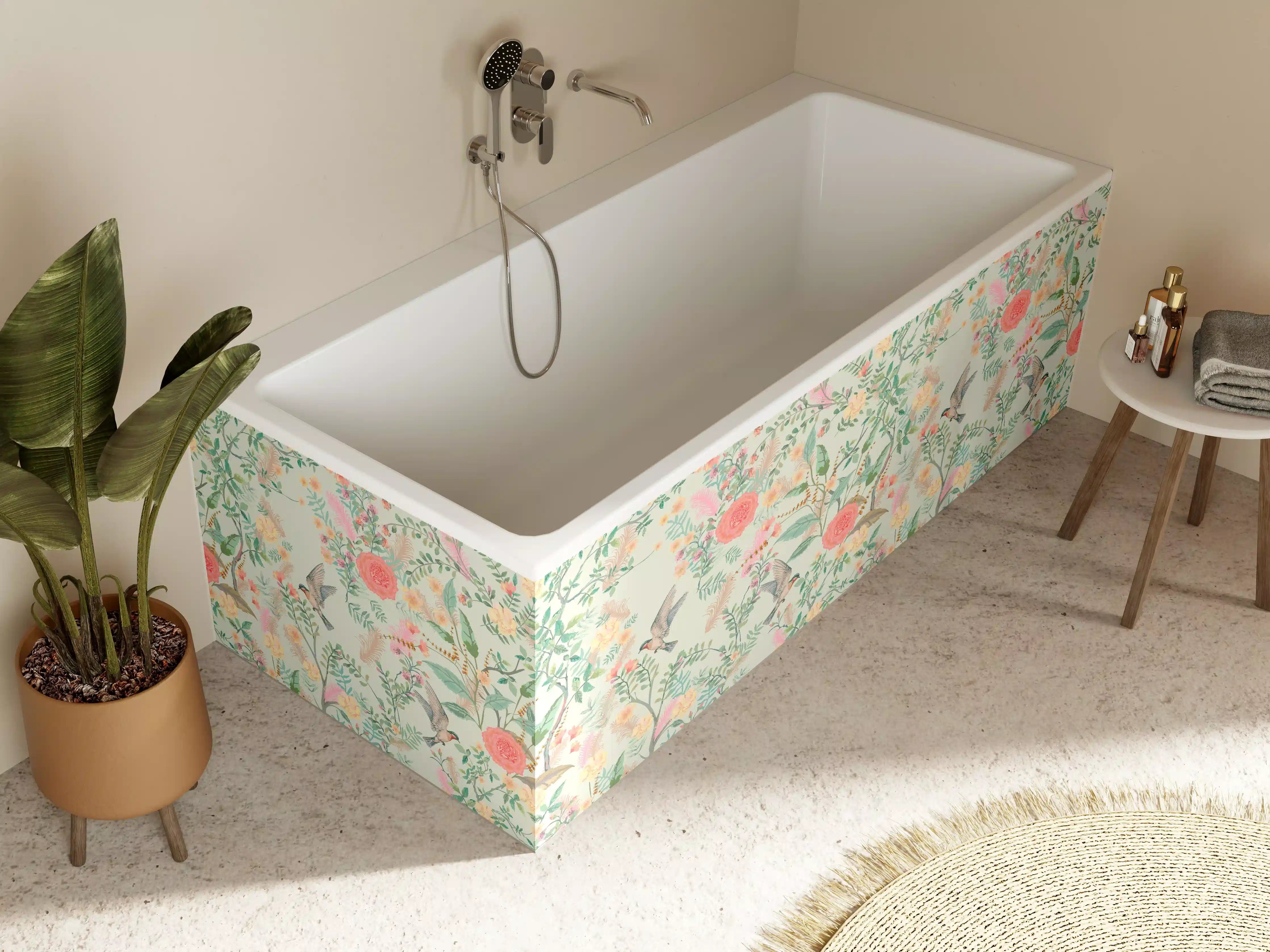 Badewannen-Rückwand - Vintage-Blumenmuster Grün-Rosa