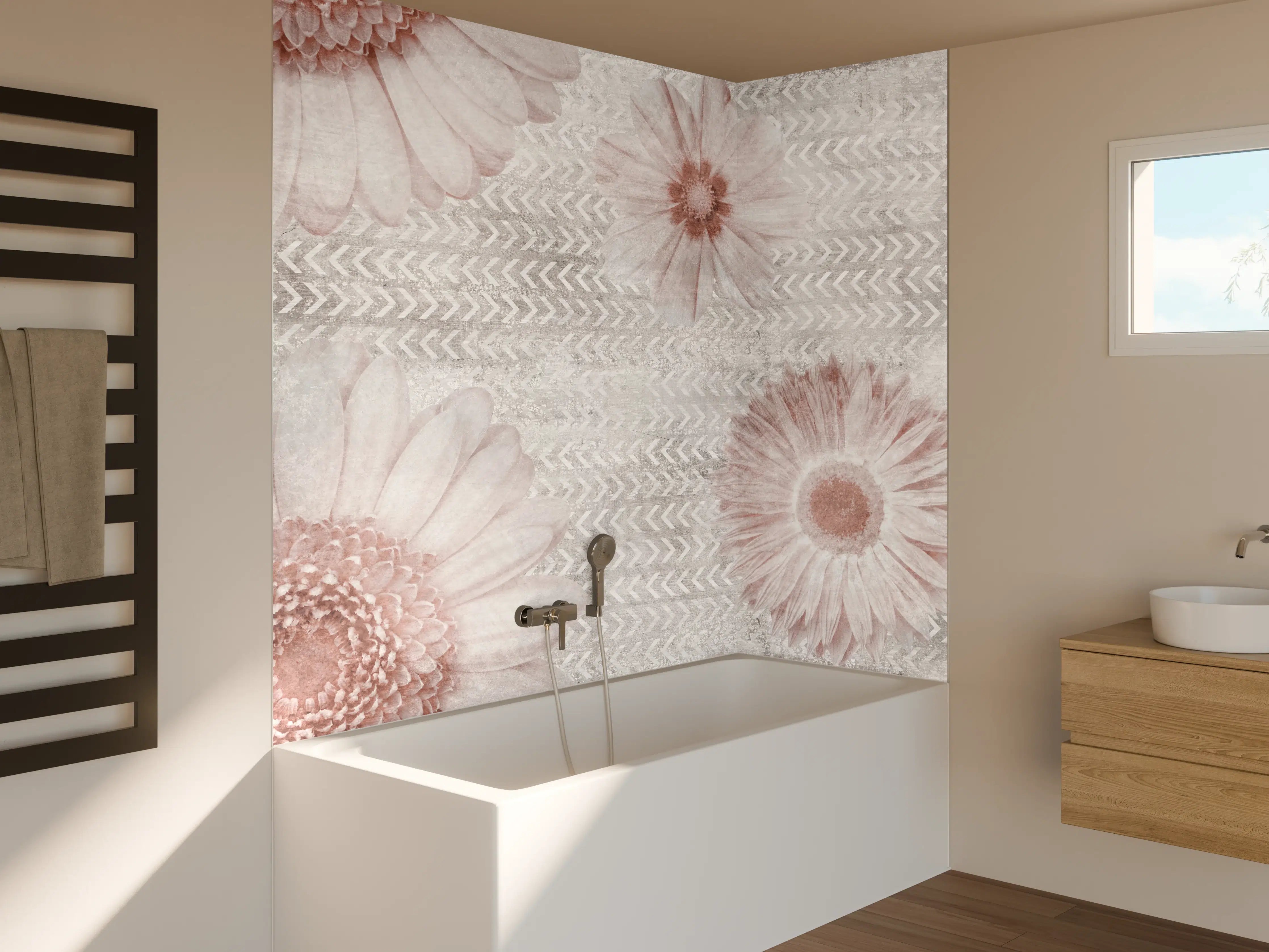 Badewannen-Rückwand - Vintage Blumenmuster auf Weiß