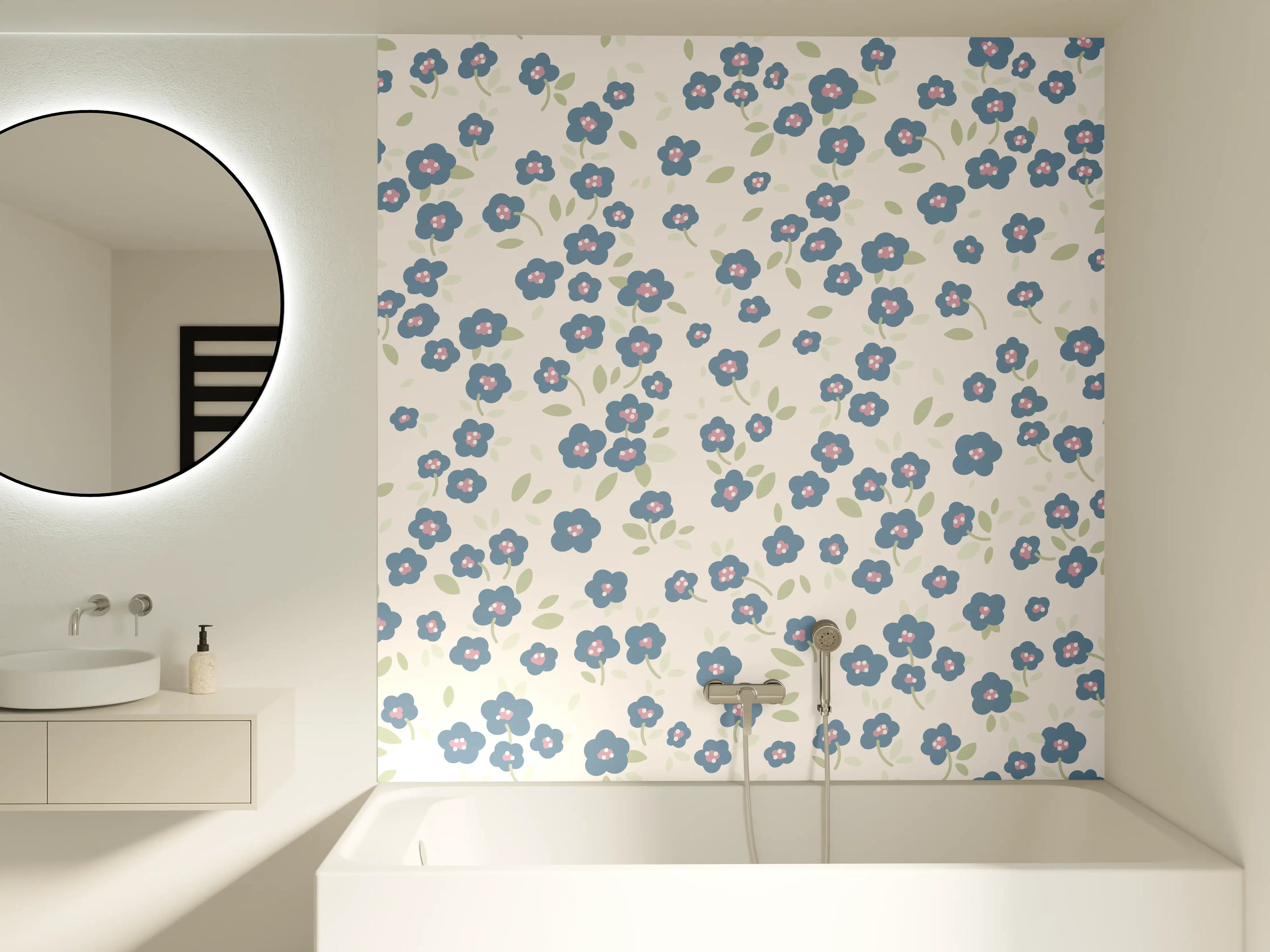 Badewannen-Rückwand - Vintage Ditsy Blumen Blau-Beige