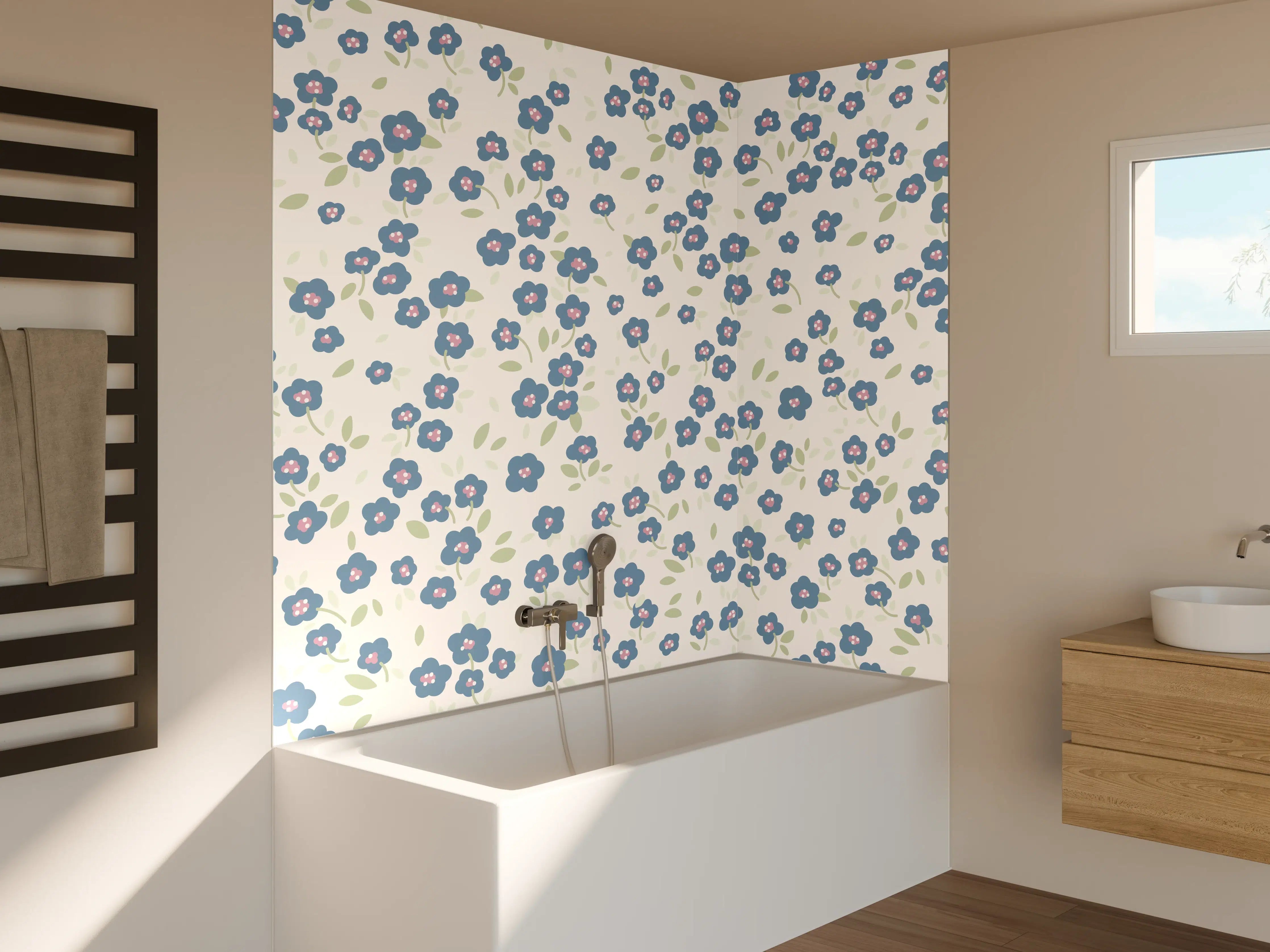 Badewannen-Rückwand - Vintage Ditsy Blumen Blau-Beige