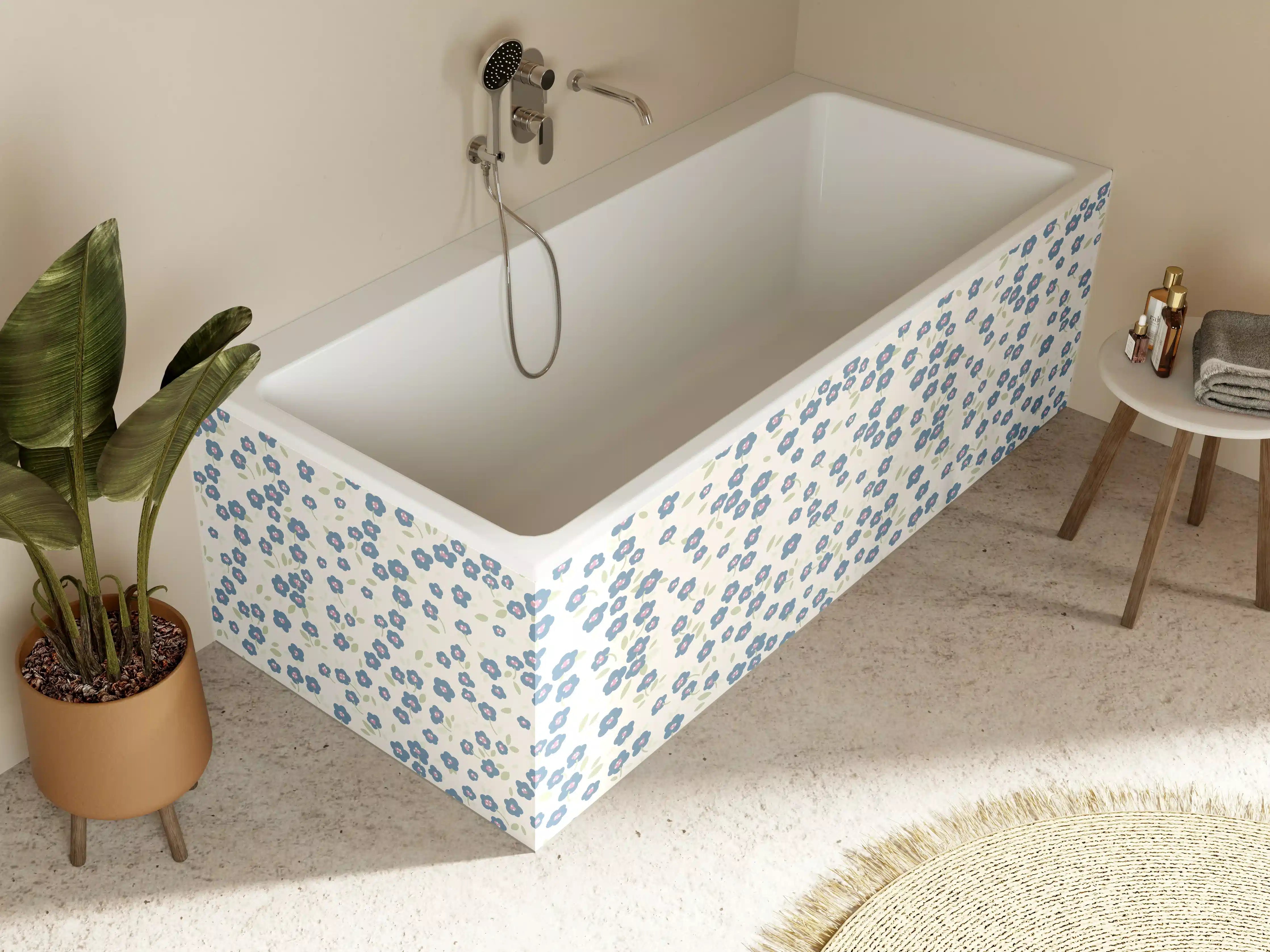 Badewannen-Rückwand - Vintage Ditsy Blumen Blau-Beige