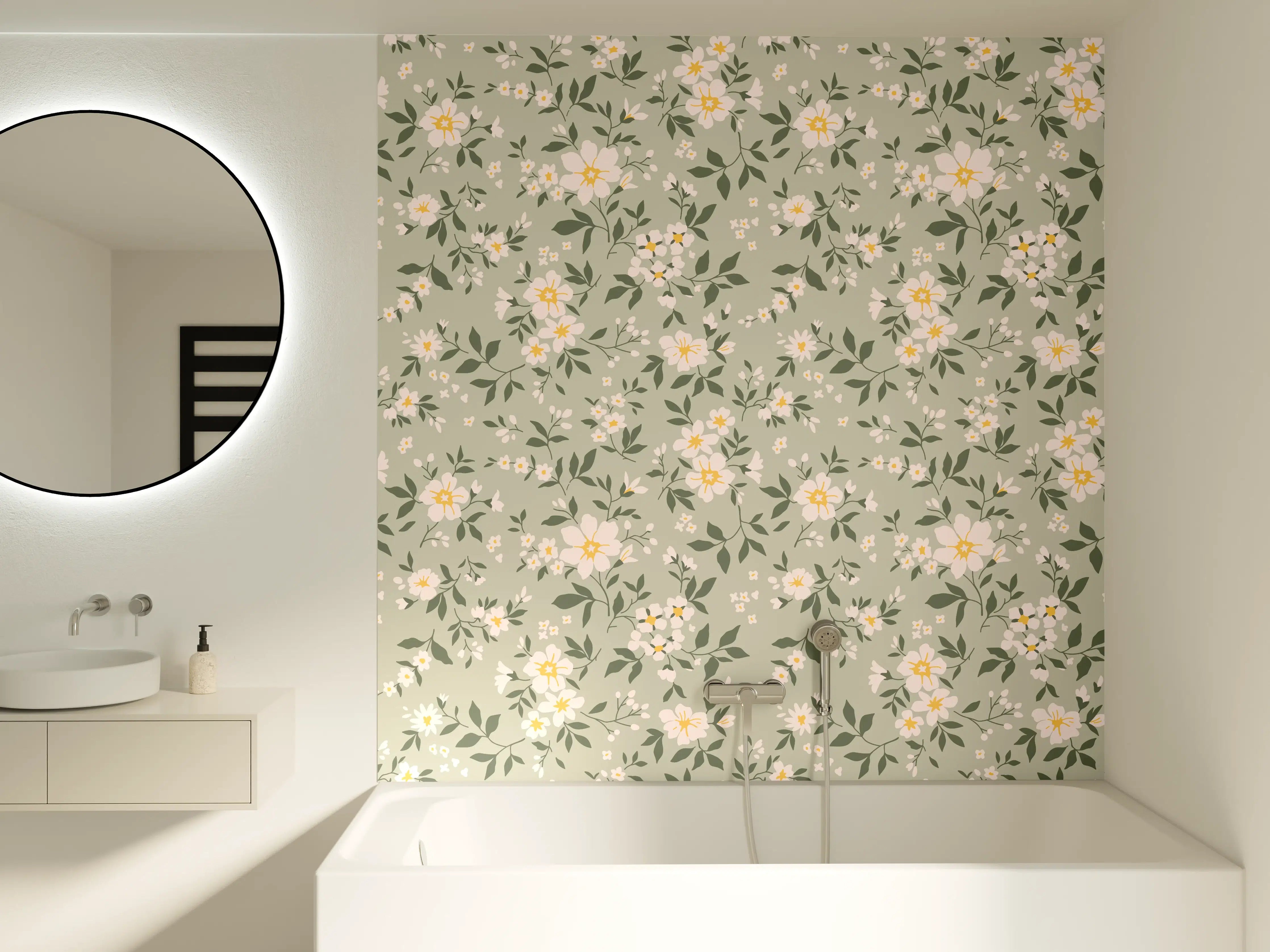 Badewannen-Rückwand - Vintage Ditsy Blumenmuster Grün-Beige