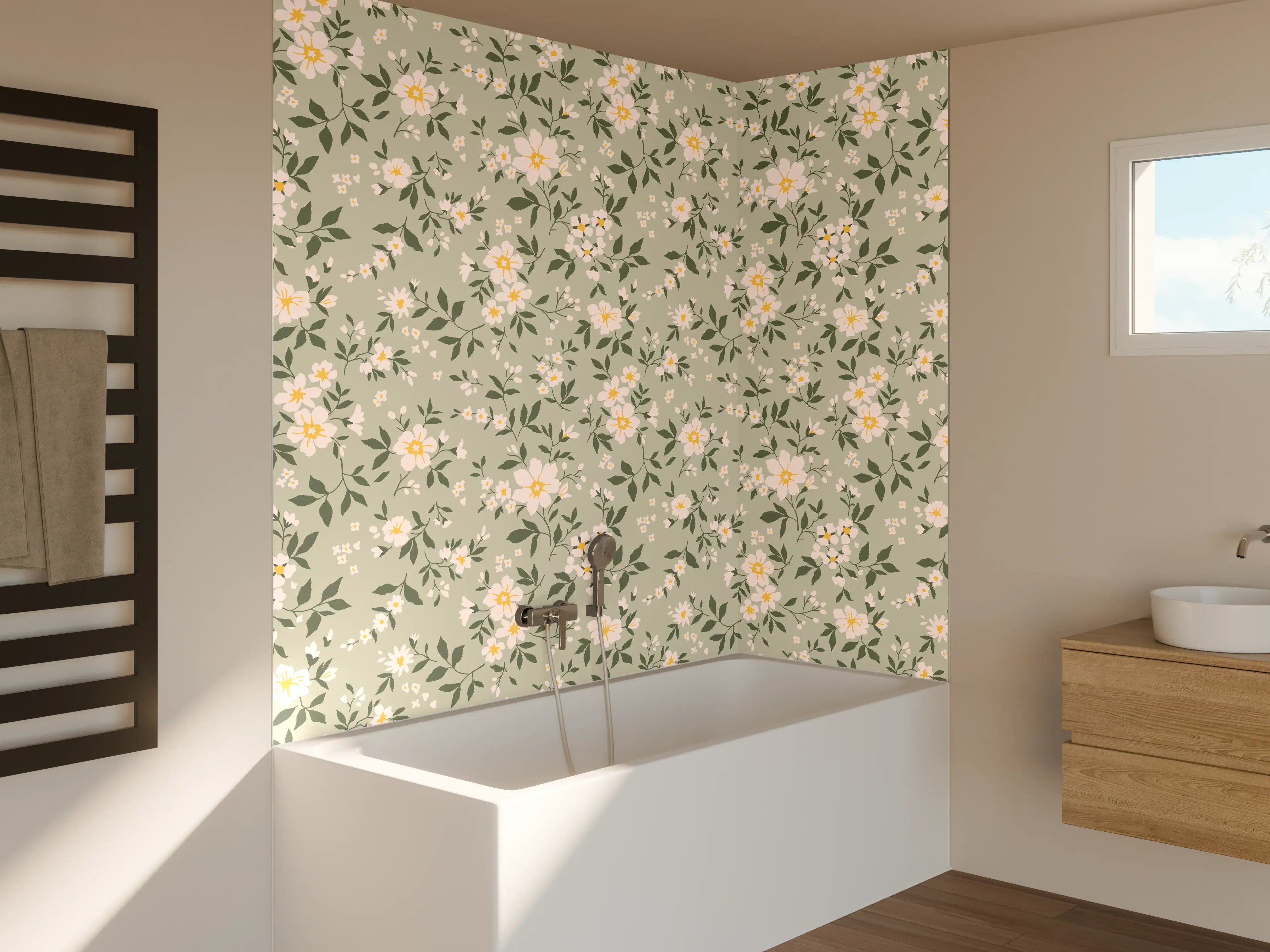 Badewannen-Rückwand - Vintage Ditsy Blumenmuster Grün-Beige
