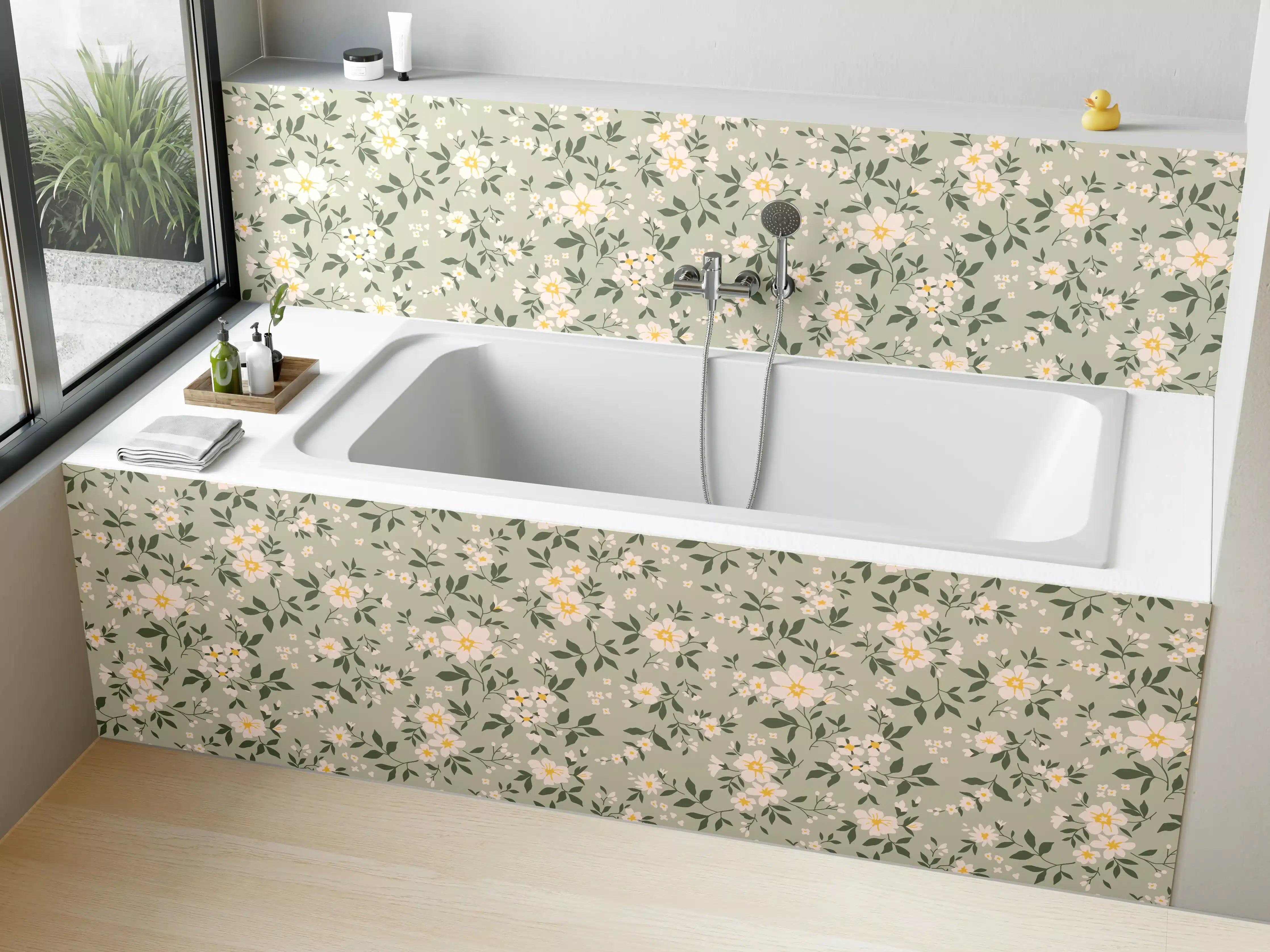 Badewannen-Rückwand - Vintage Ditsy Blumenmuster Grün-Beige