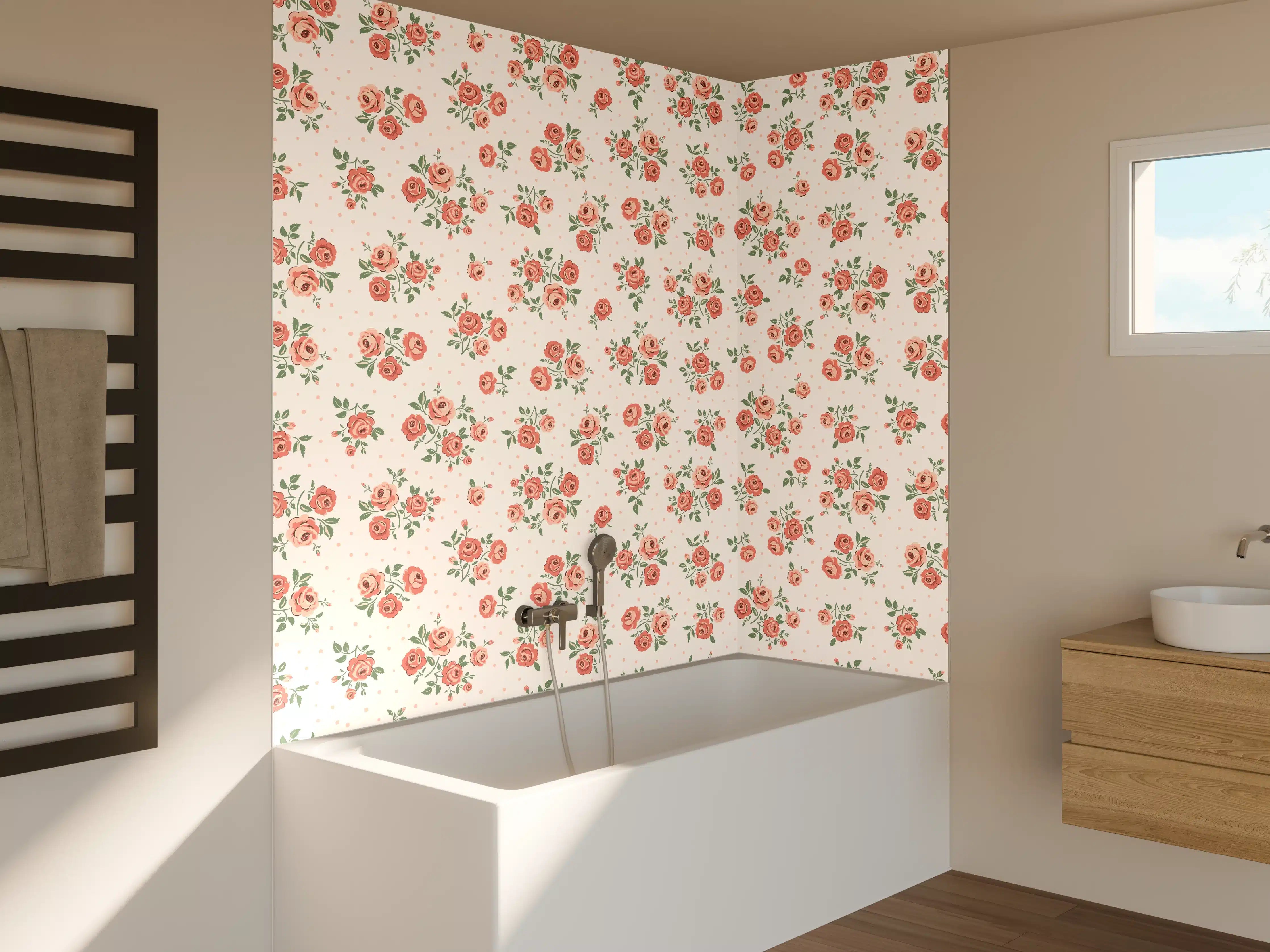 Badewannen-Rückwand - Vintage Ditsy Rosenmuster Rosa-Beige