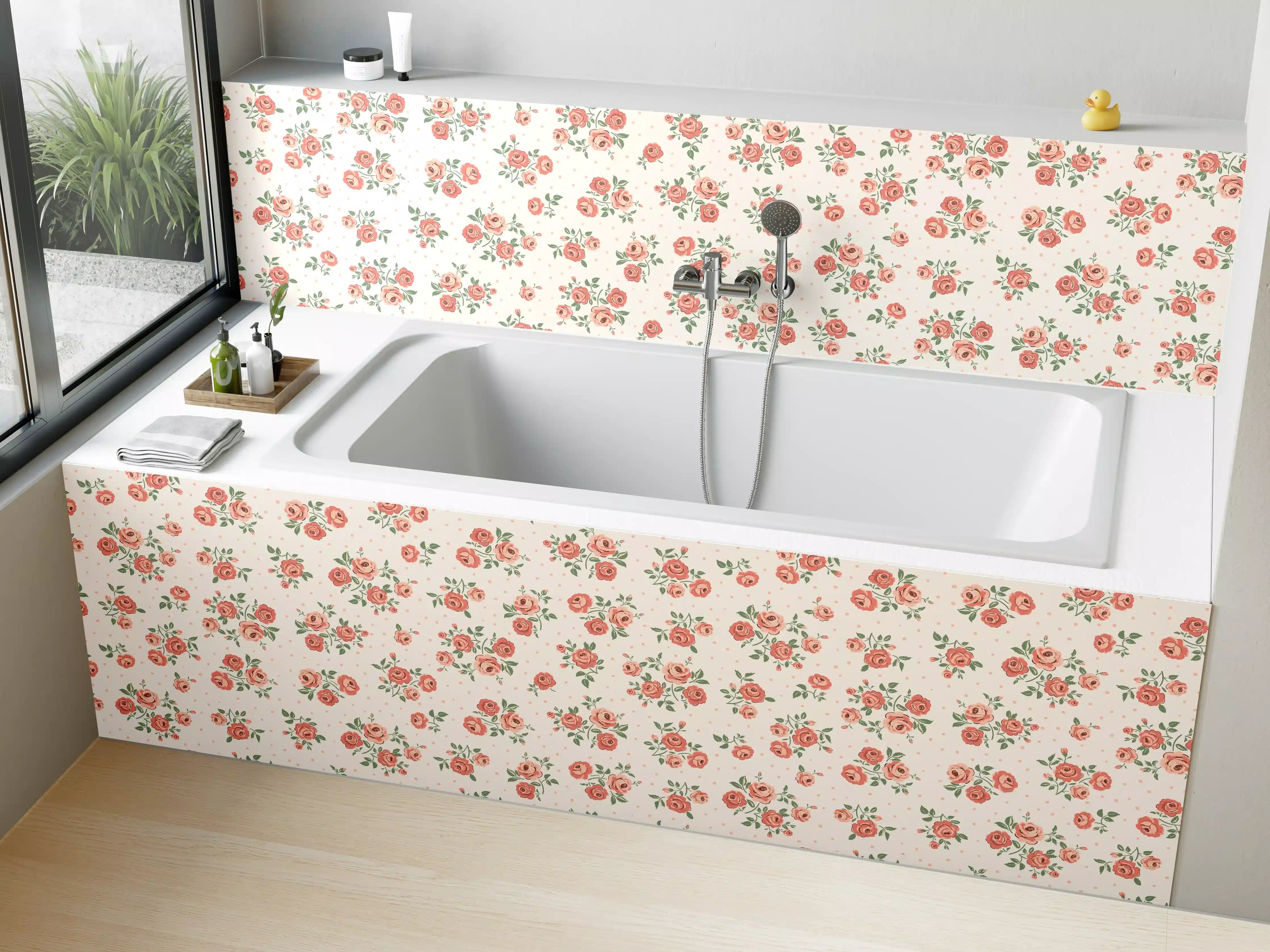 Badewannen-Rückwand - Vintage Ditsy Rosenmuster Rosa-Beige