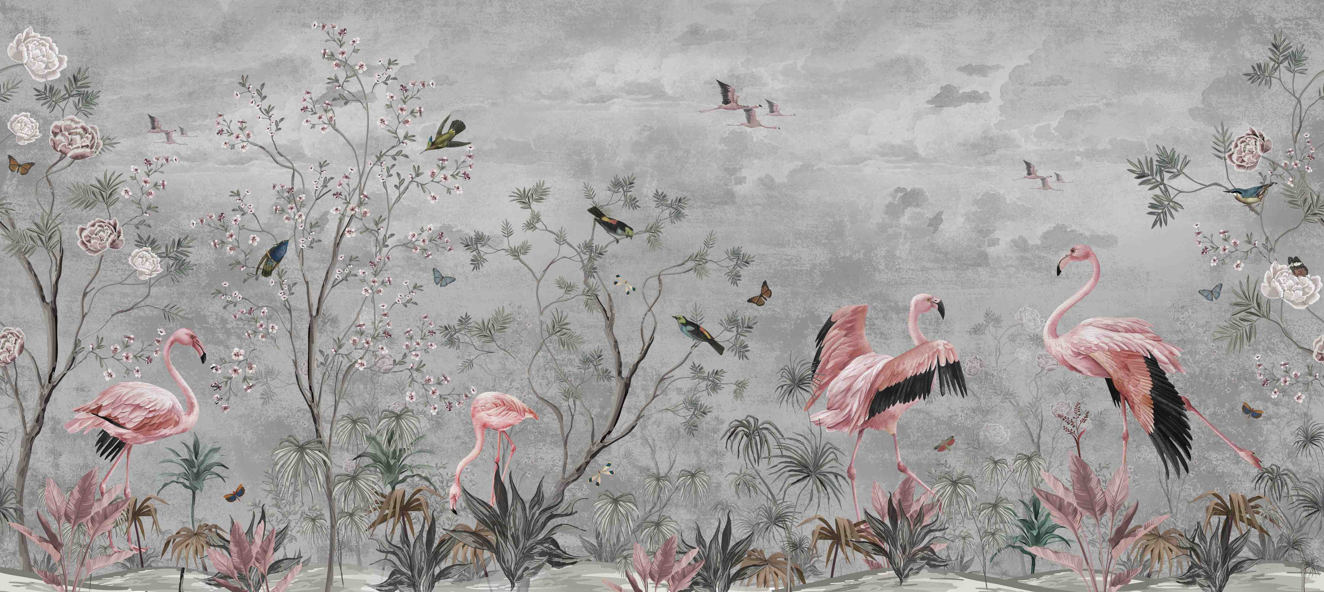 Badewannen-Rückwand-Vintage Dschungel Flamingo Tapete