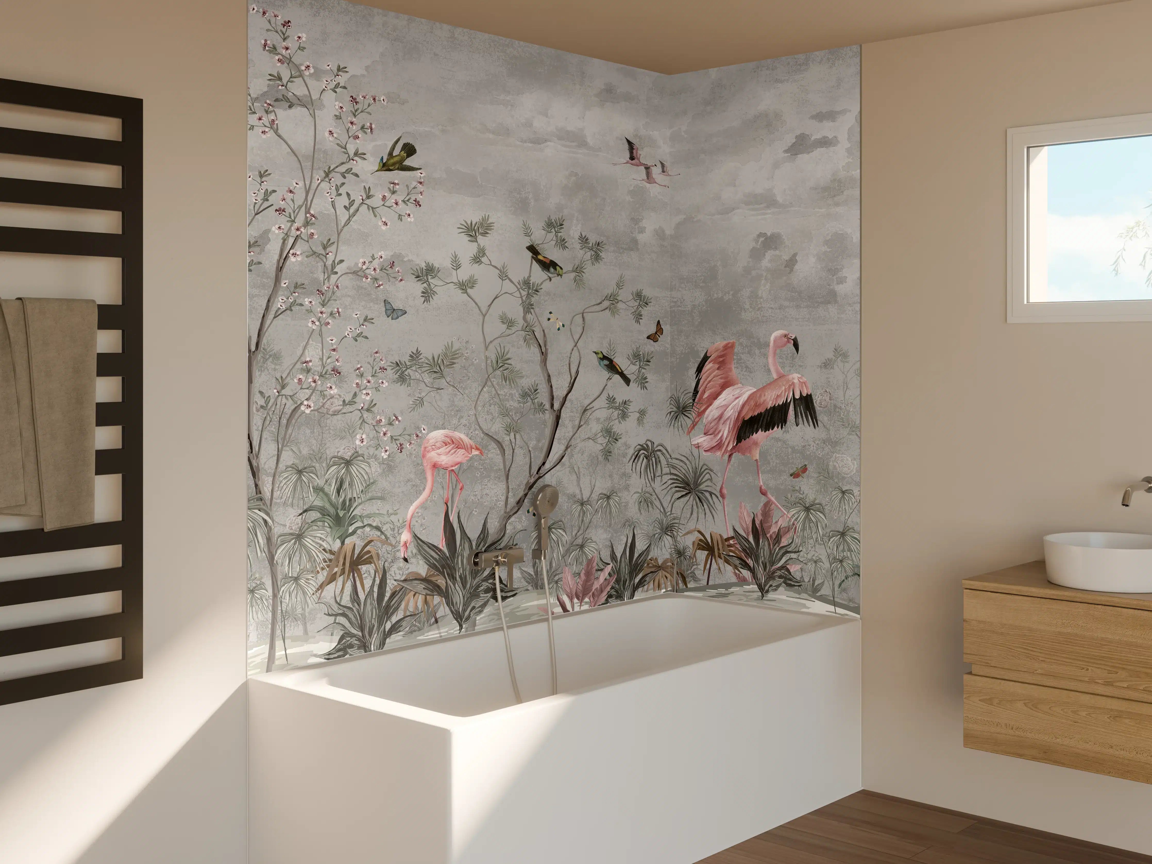 Badewannen-Rückwand - Vintage Dschungel Flamingo Tapete