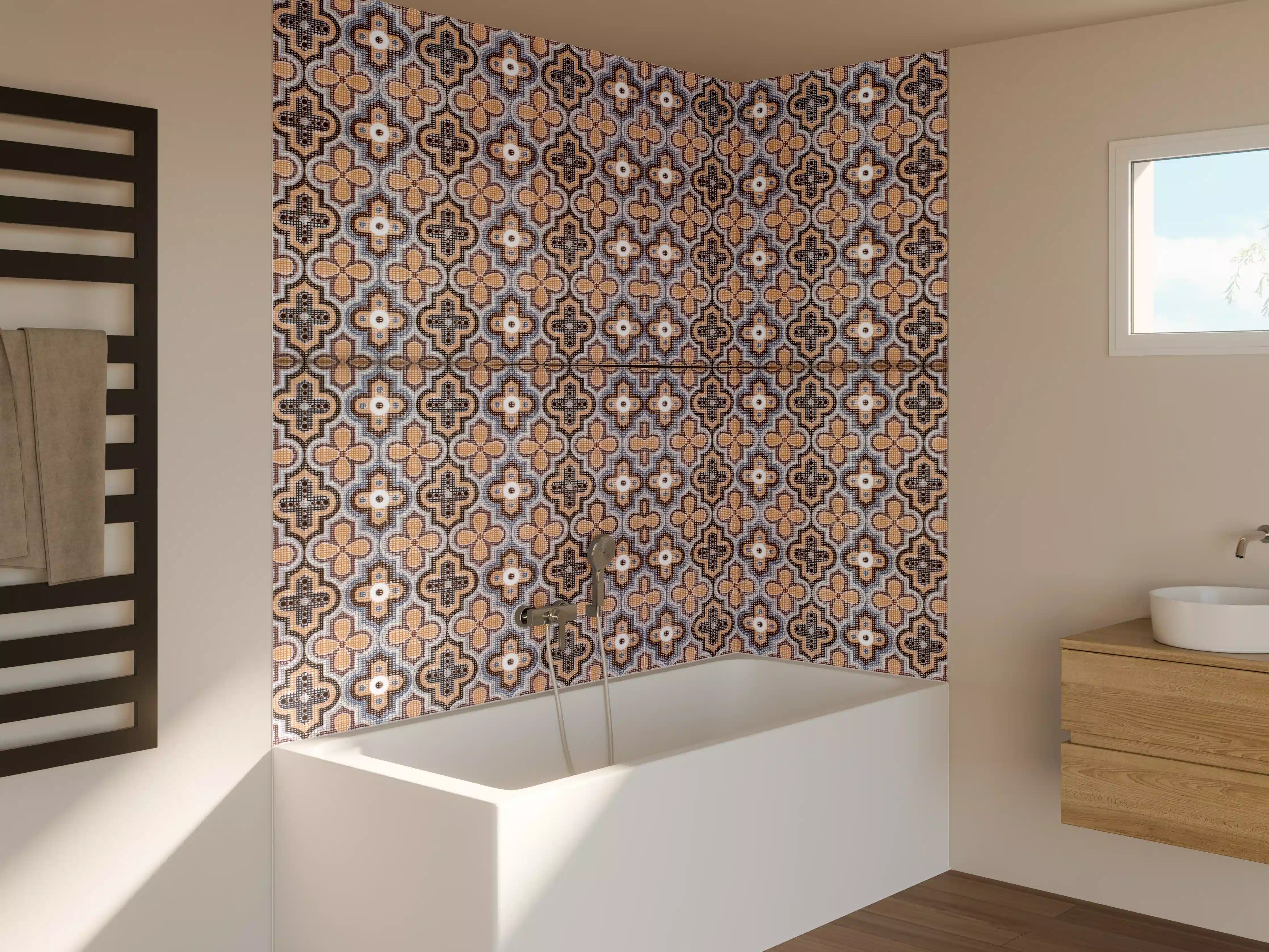 Badewannen-Rückwand - Vintage-Fliesen mit geometrischem Muster in Erdtönen