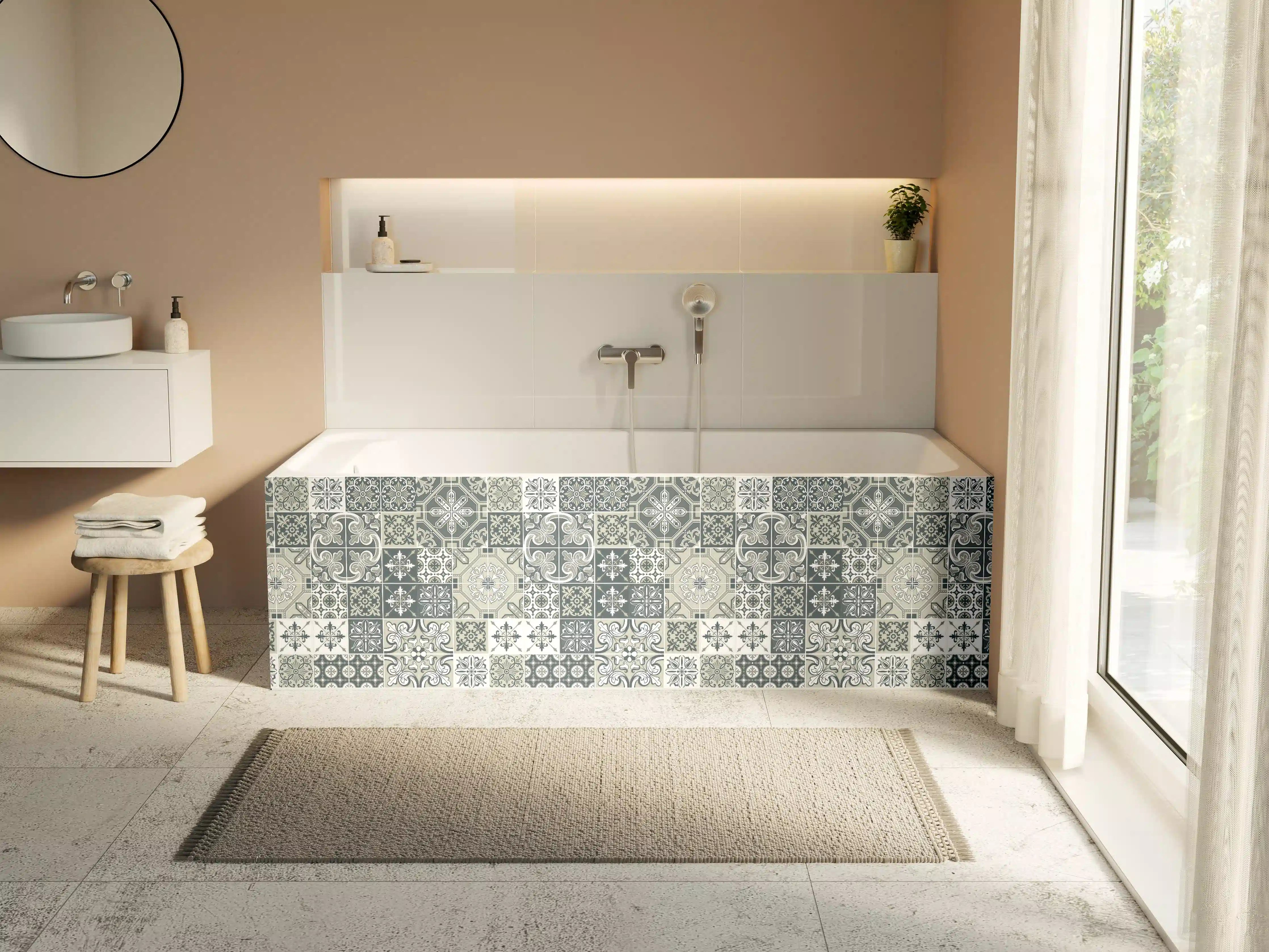Badewannen-Rückwand - Vintage Fliesenmuster Blau-Weiß