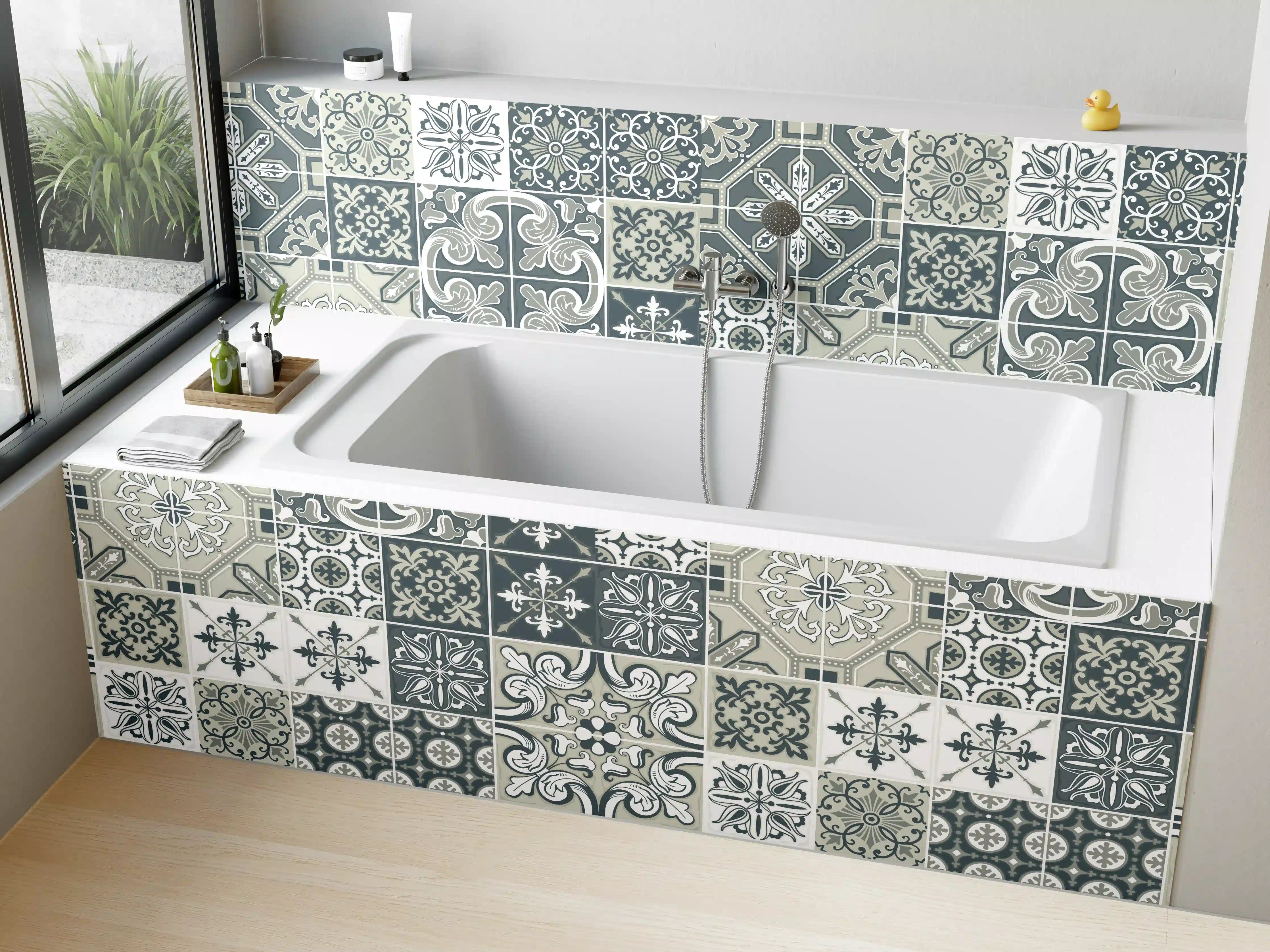 Badewannen-Rückwand - Vintage Fliesenmuster Blau-Weiß