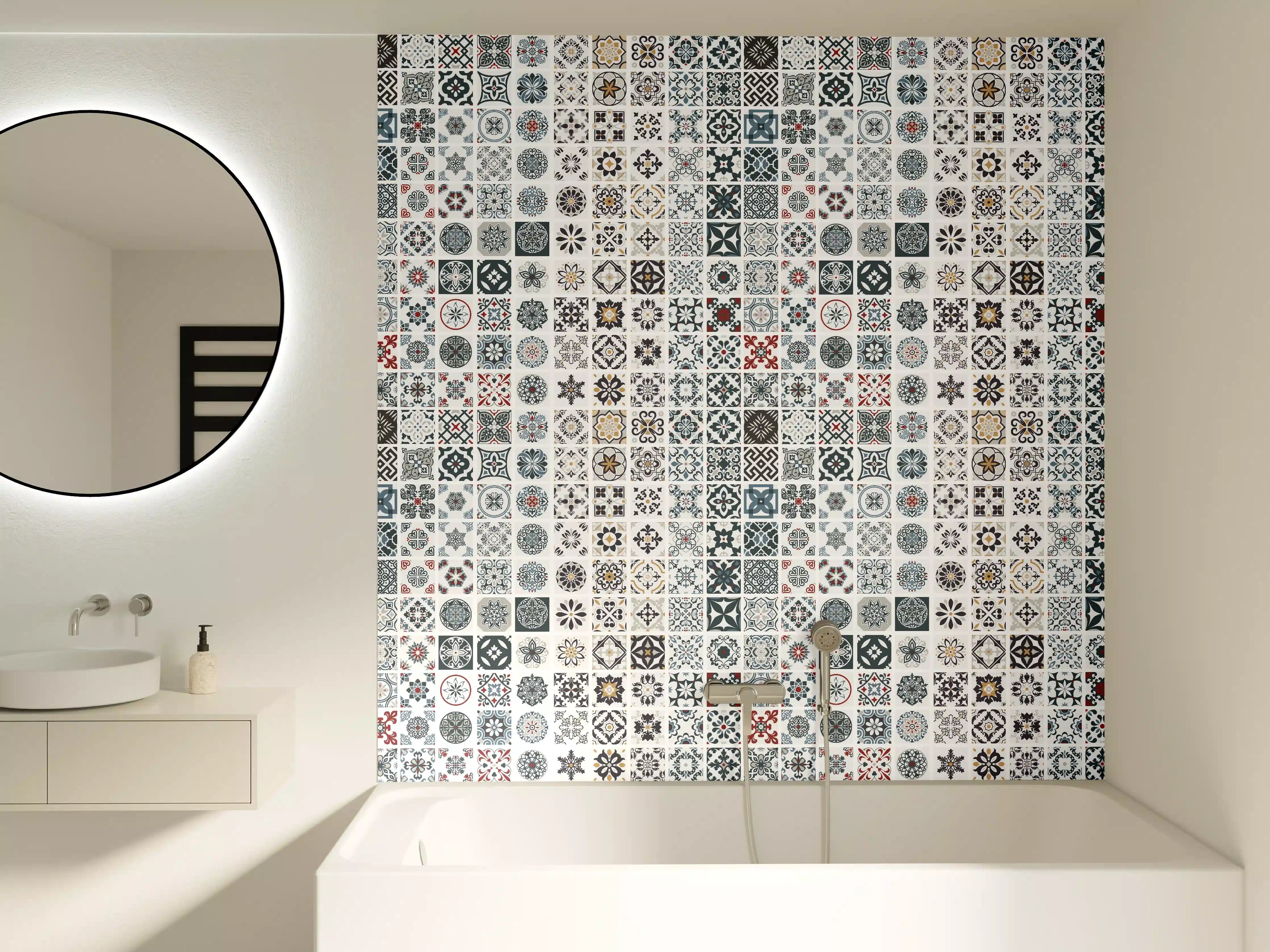 Badewannen-Rückwand - Vintage Fliesenmuster Grau-Weiß
