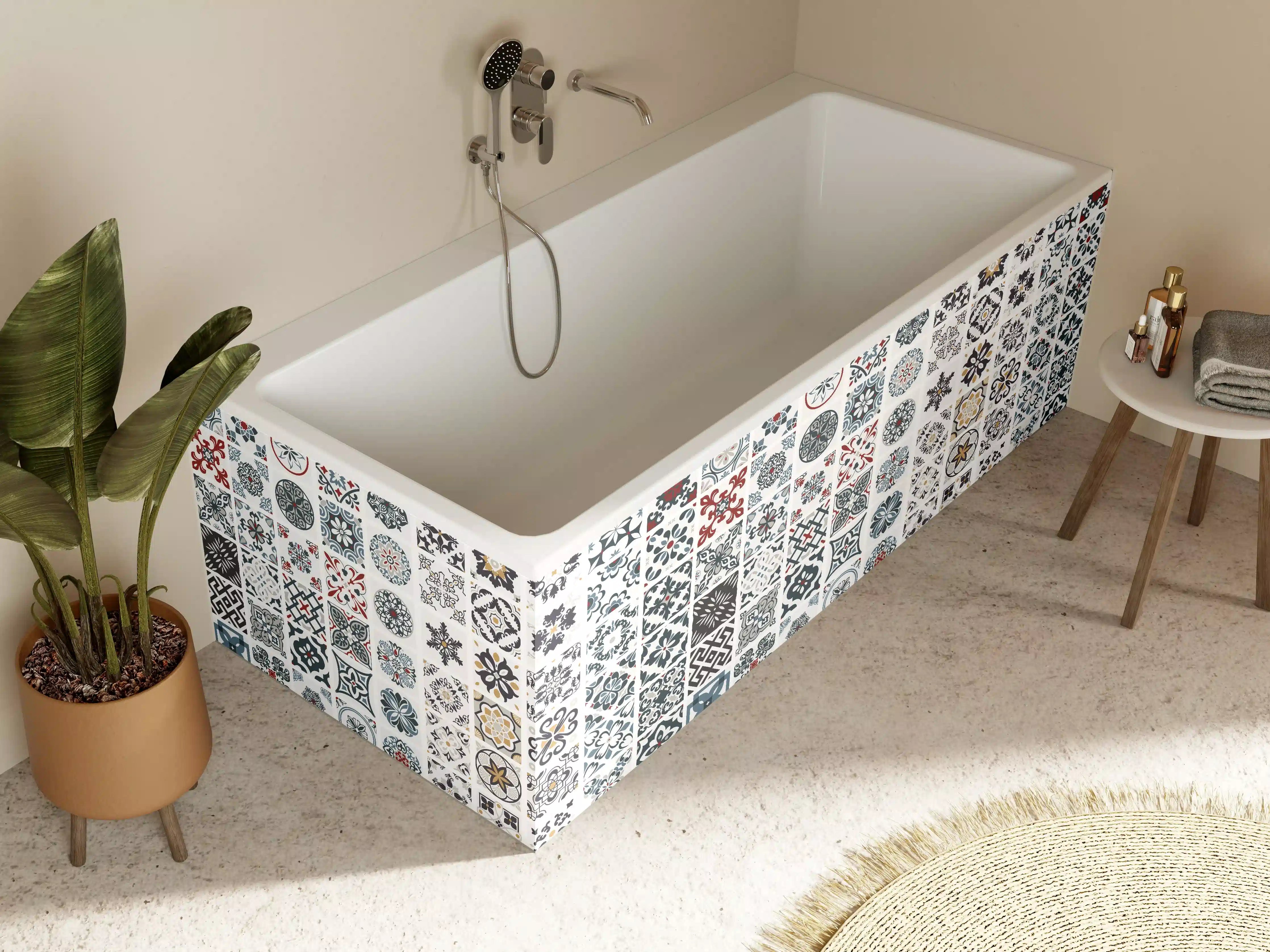 Badewannen-Rückwand - Vintage Fliesenmuster Grau-Weiß